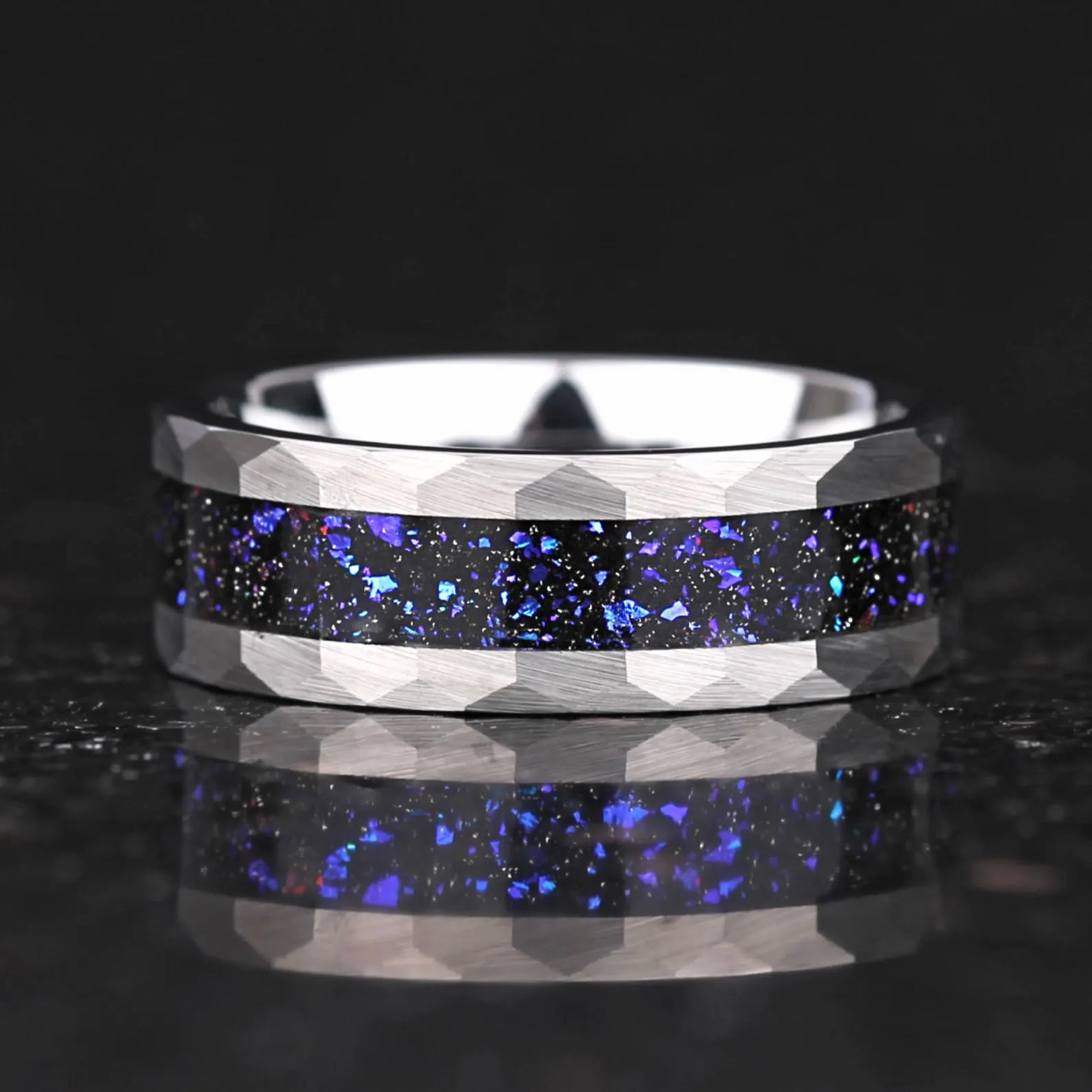 Cool wedding bands for guys with galaxy nebula effect and hammered edges