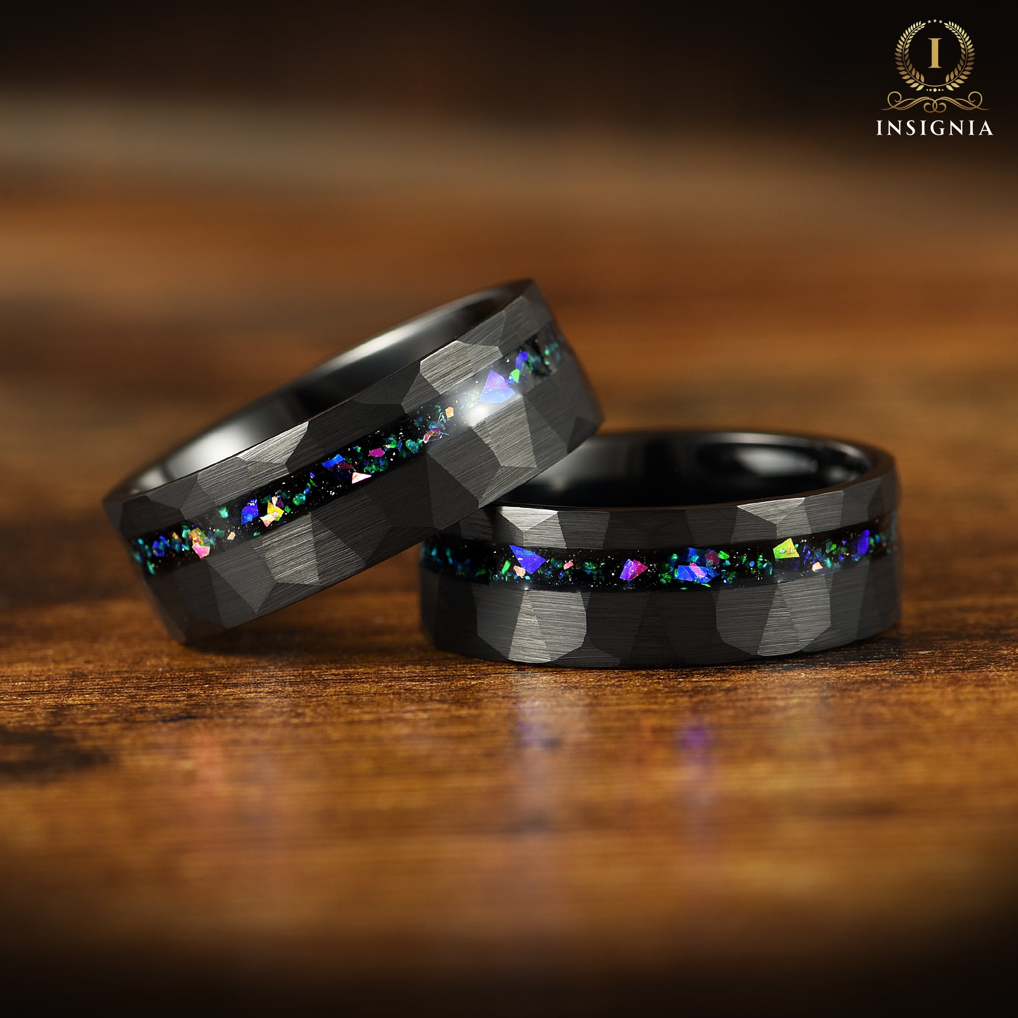 Cool wedding bands for guys with nebula inlay and hammered black finish