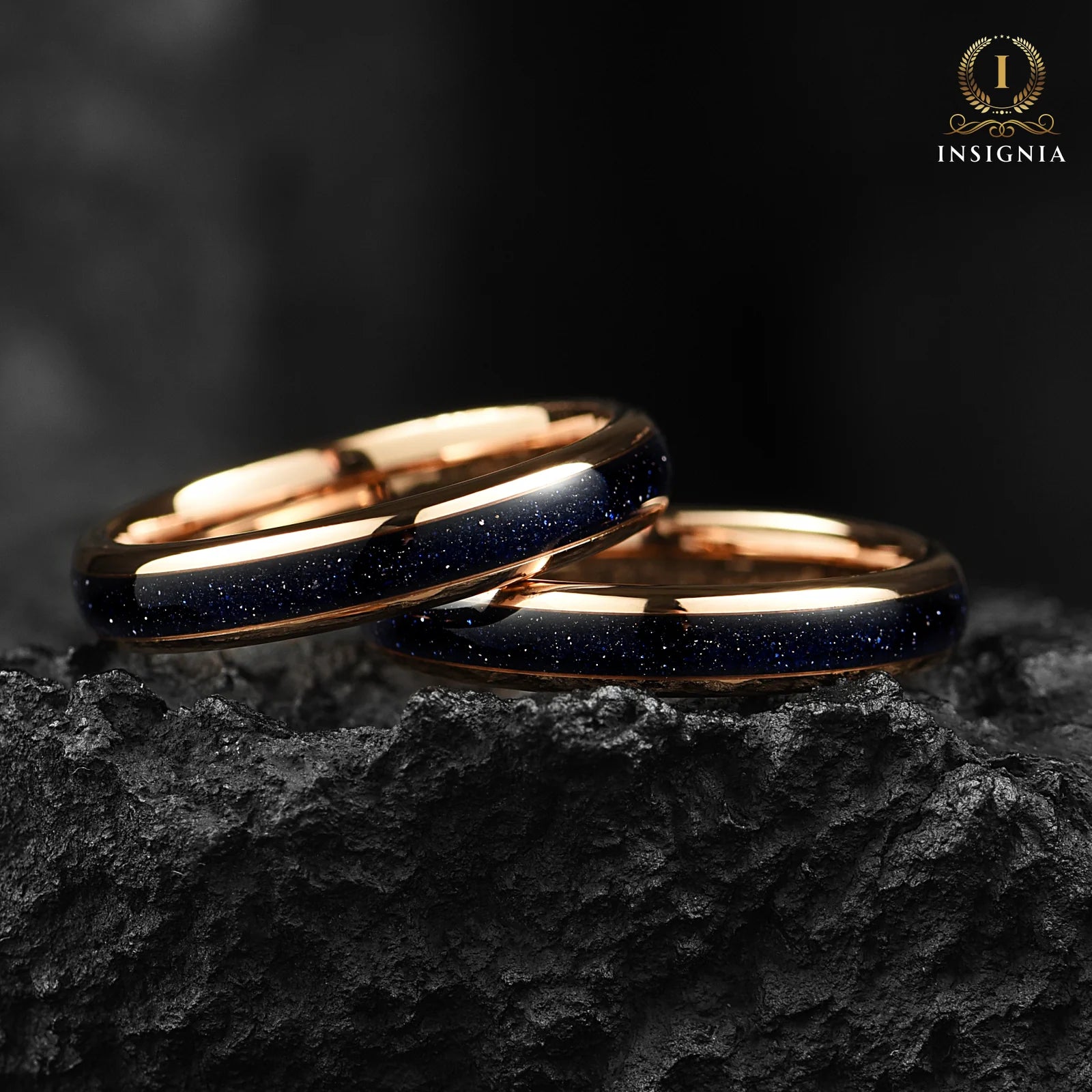 Couple matching jewellery female ring with polished rose gold tungsten and blue sandstone