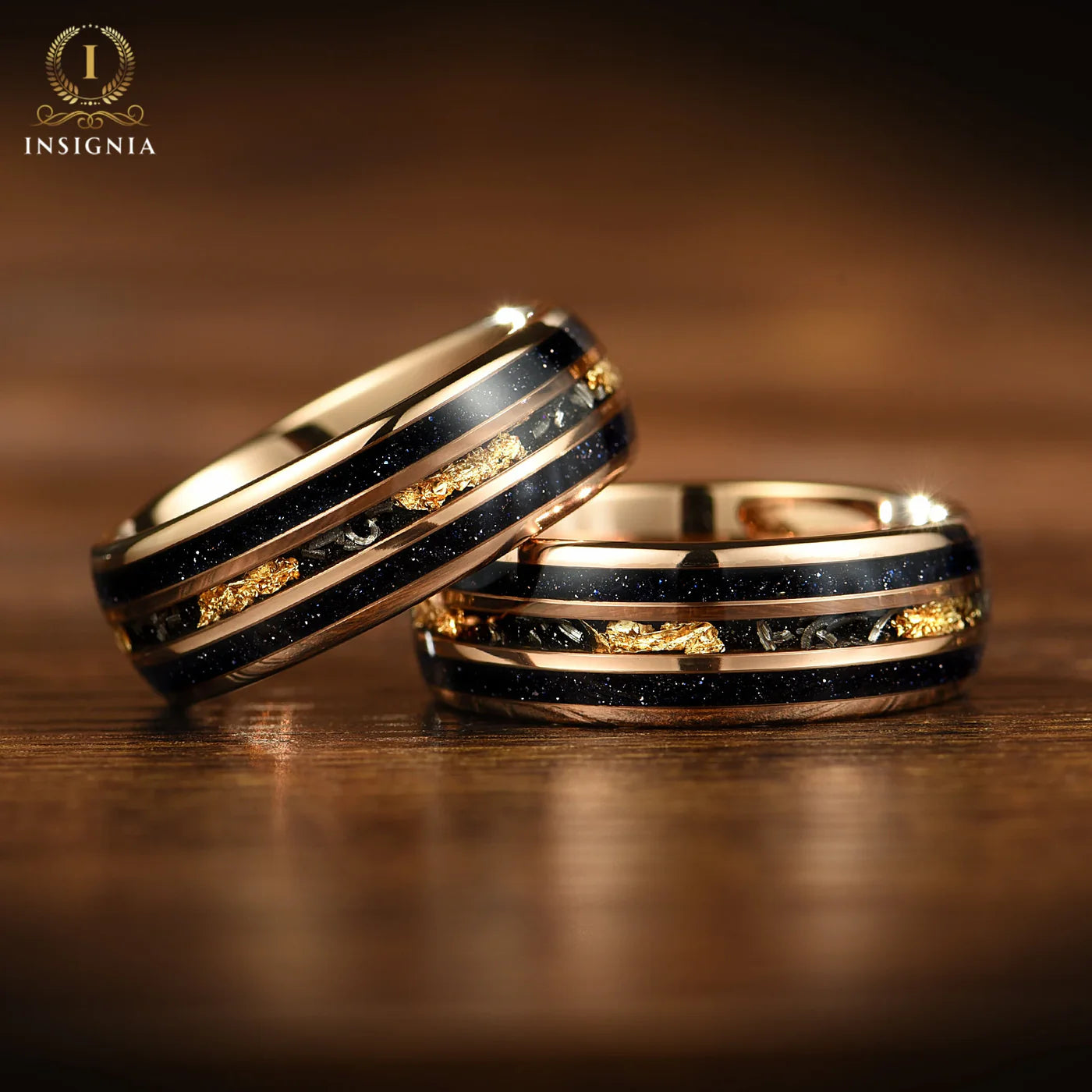  Couple matching jewellery rings with meteorite inlay and rose gold finish