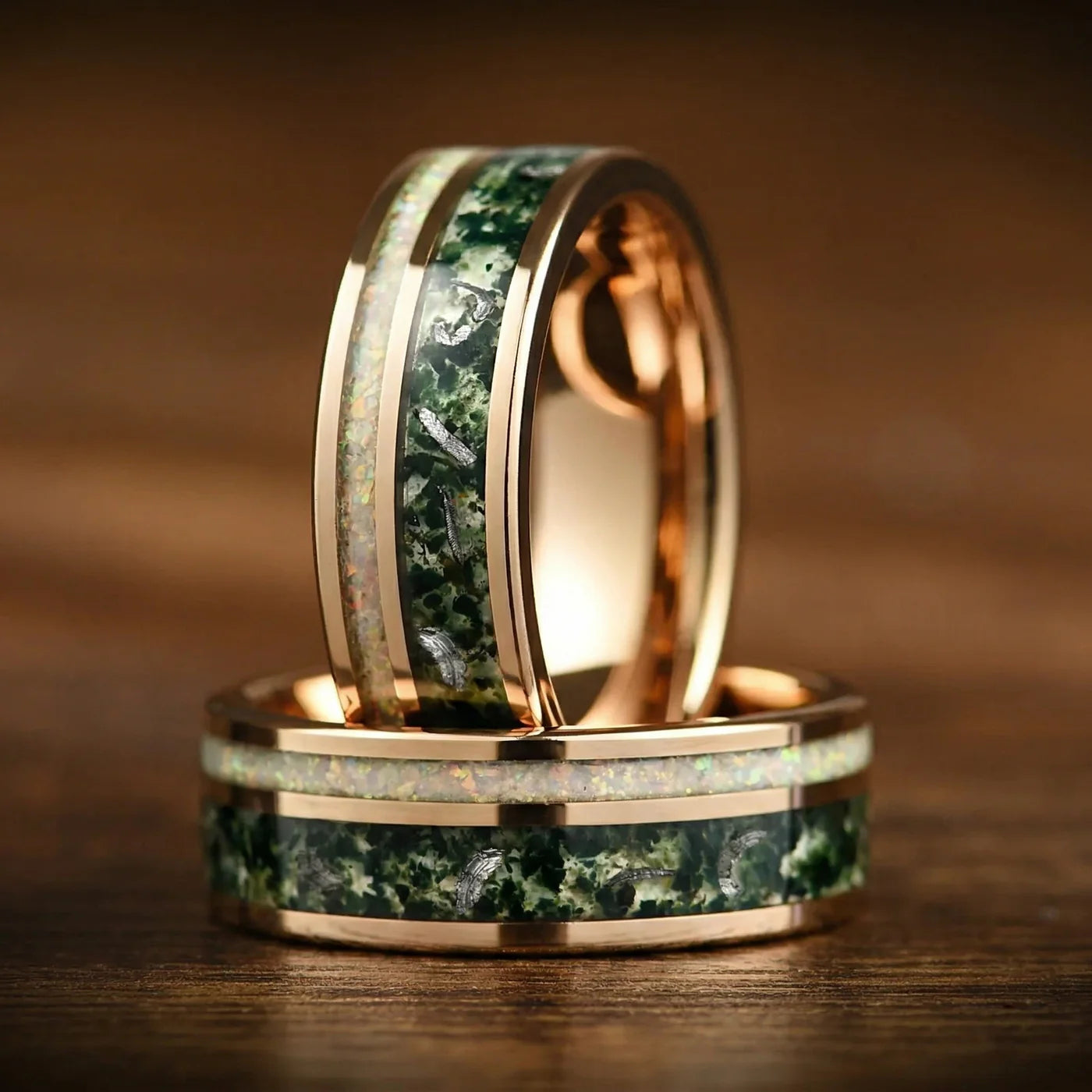 Couple matching jewellery rose gold rings with opal and meteorite