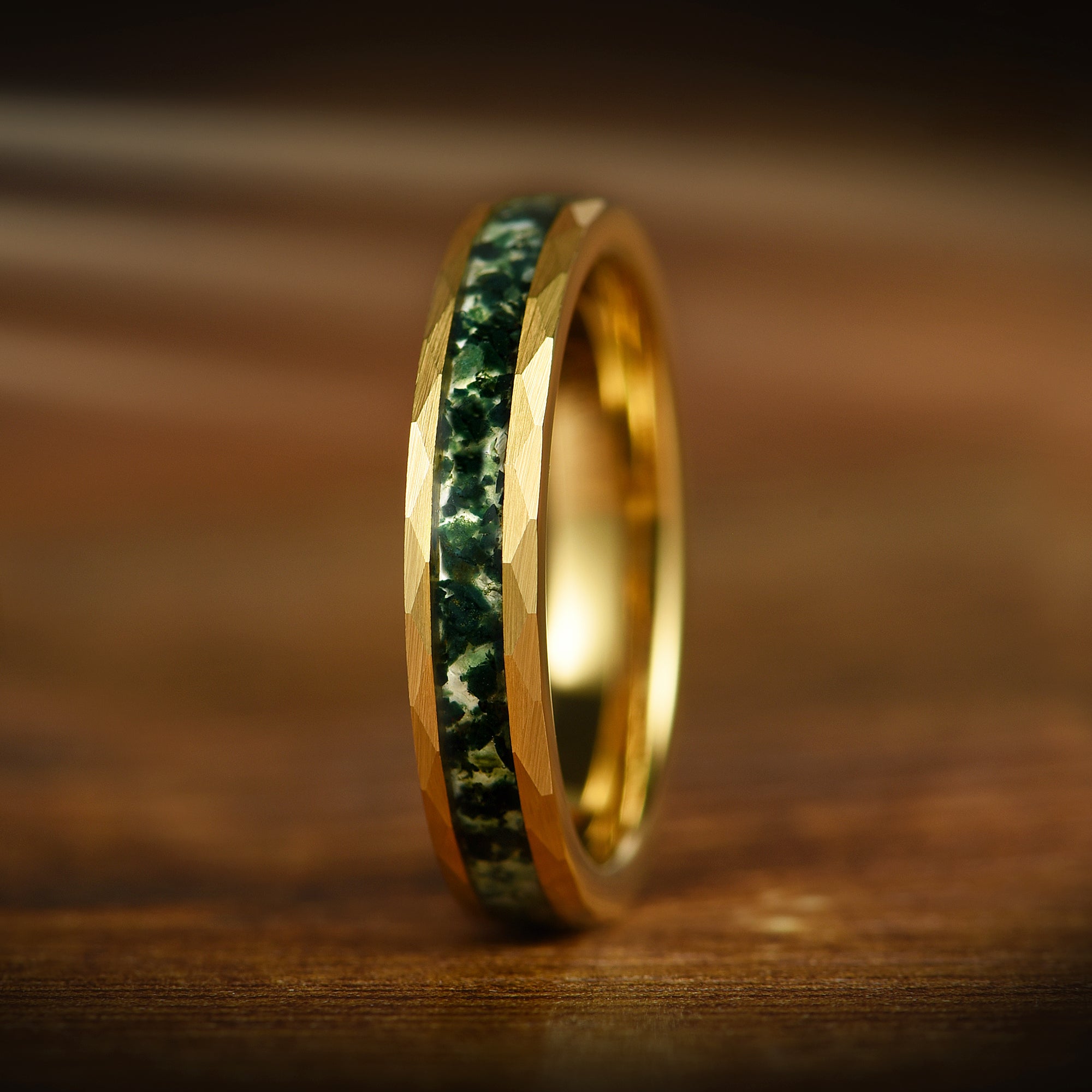 Unique Couple Ring Moss Agate Gold Hammered Band Detail