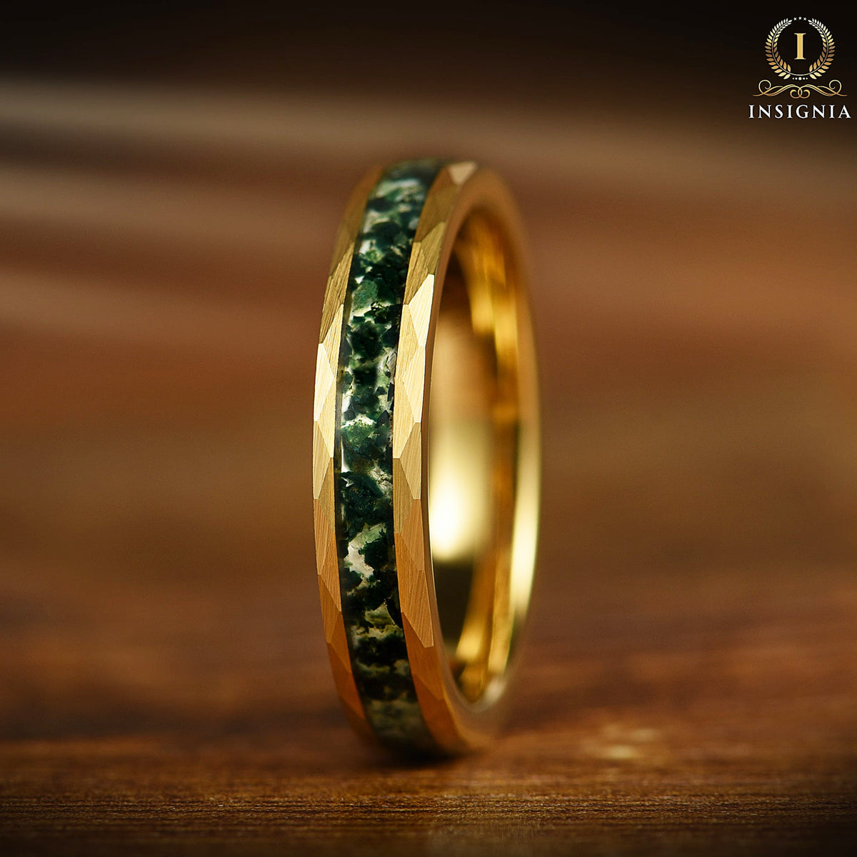 Unique Couple Ring Moss Agate Gold Hammered Band Detail