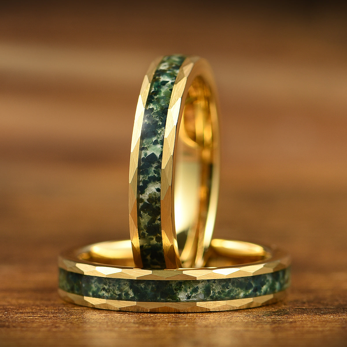 Unique Couple Ring Moss Agate Gold Hammered Feature View