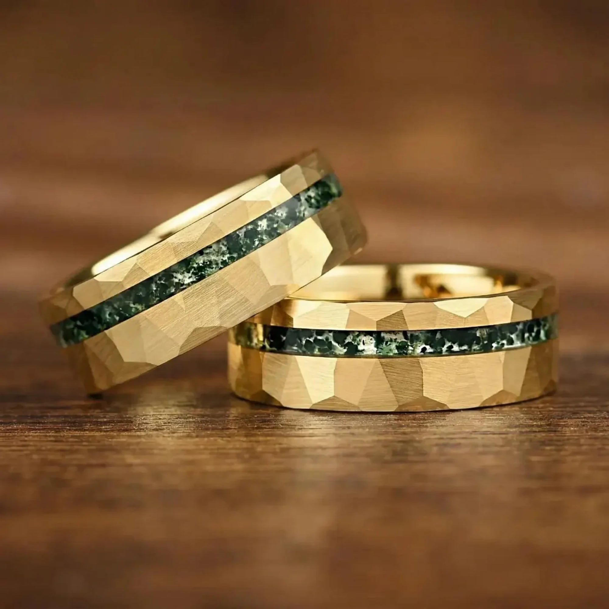 Unique Couple Ring Moss Agate Gold Hammered Flat Lay View