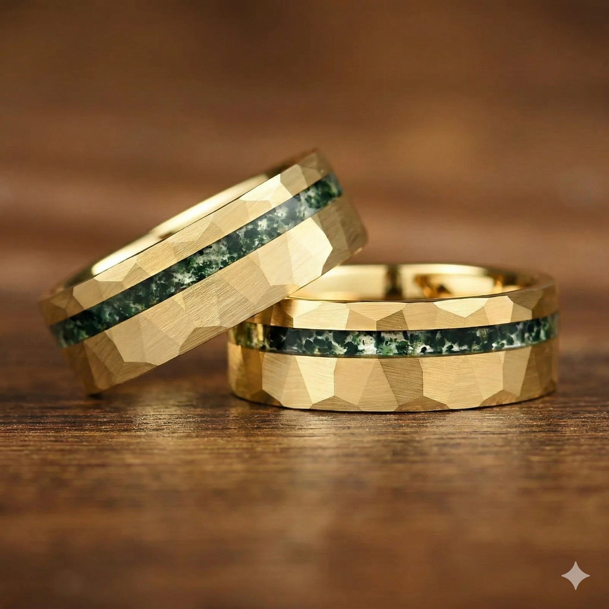 Unique Couple Ring Moss Agate Gold Hammered Stacked View