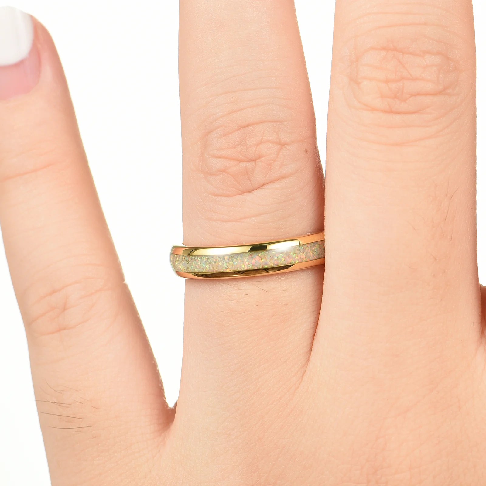 Couple ring set gold and silver bands with fire opal detail