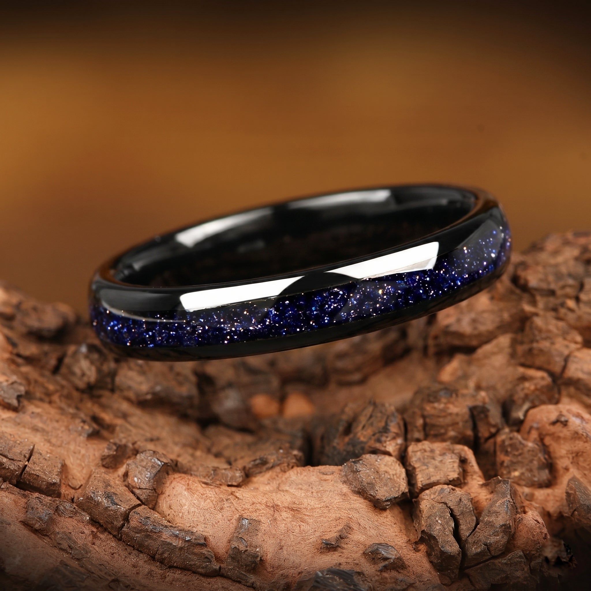 Couple Rings Black Tungsten Wedding Set in Galaxy Design Detail View