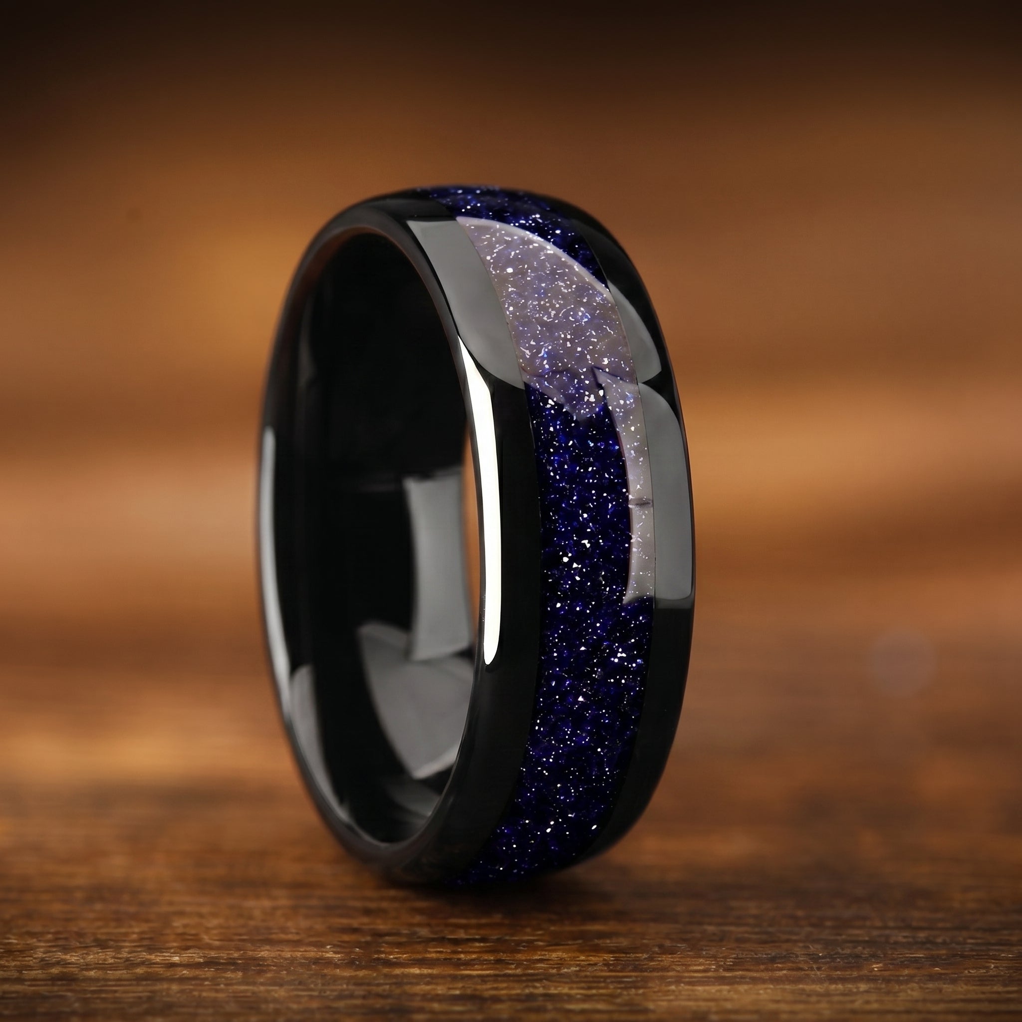 Couple Rings Black Tungsten Wedding Set in Galaxy Design Front View