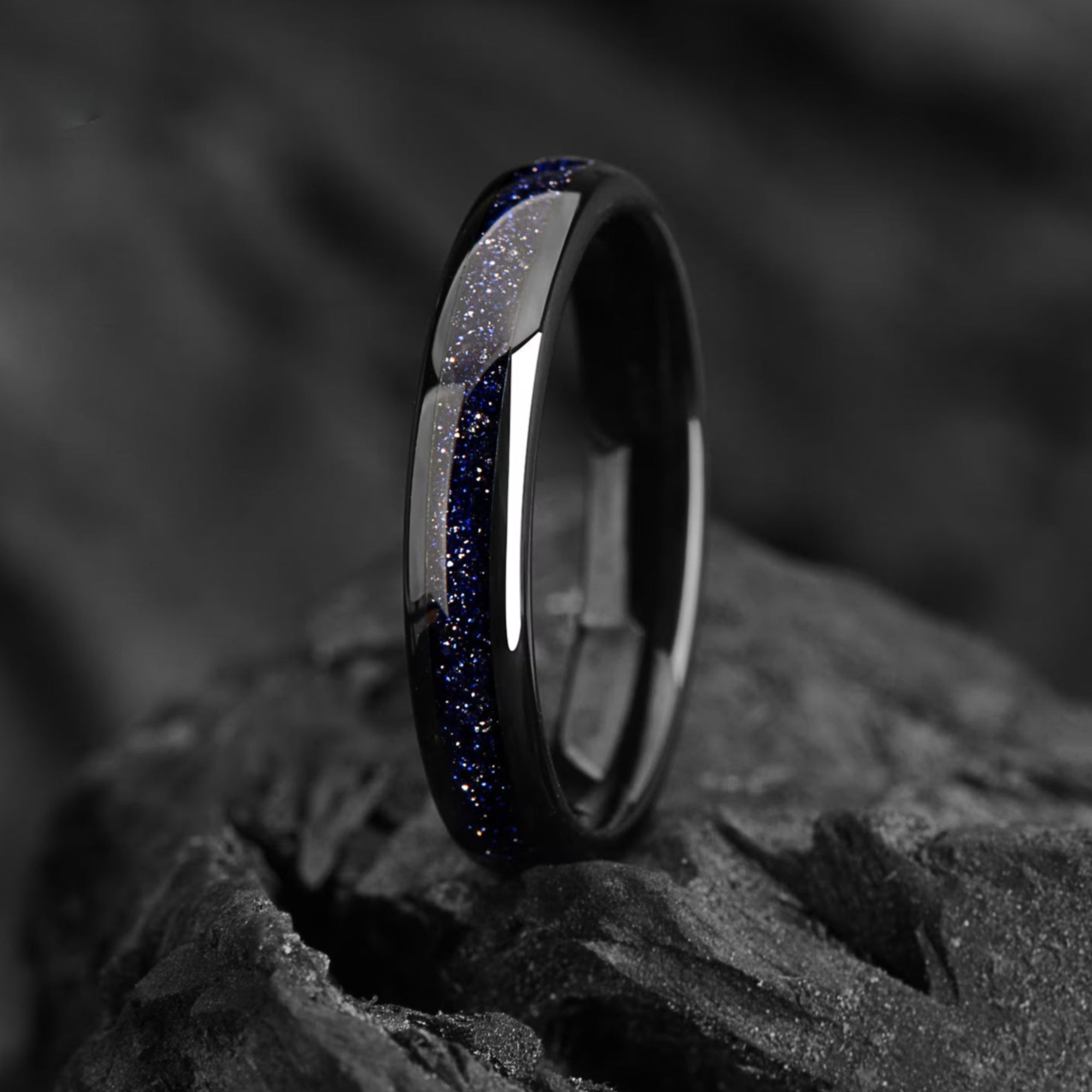 Couple Rings Black Tungsten Wedding Set in Galaxy Design Side View