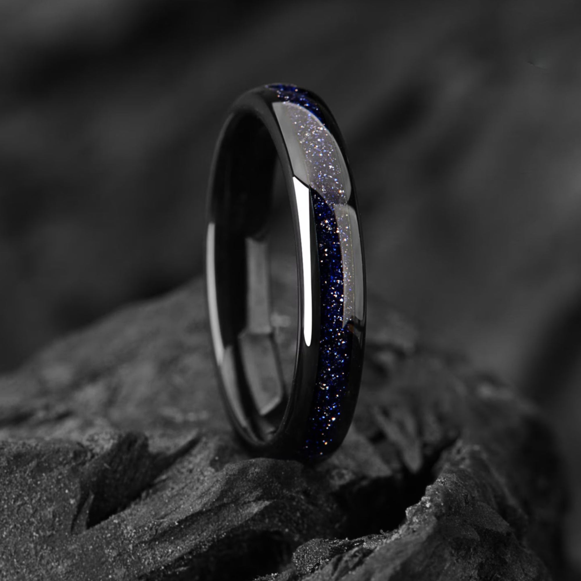Couple Rings Black Tungsten Wedding Set in Galaxy Design Vertical View
