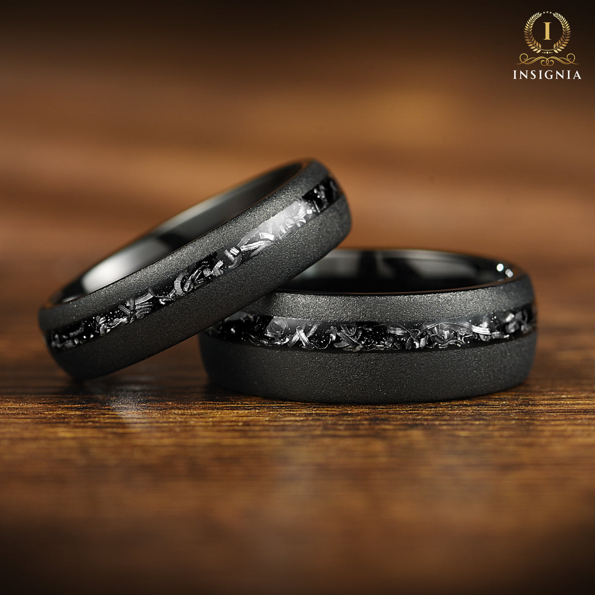 Engraved Couple Rings With Real Meteorite Black Wedding Bands Engraved Couple Rings With Real Meteorite Black Wedding Bands
