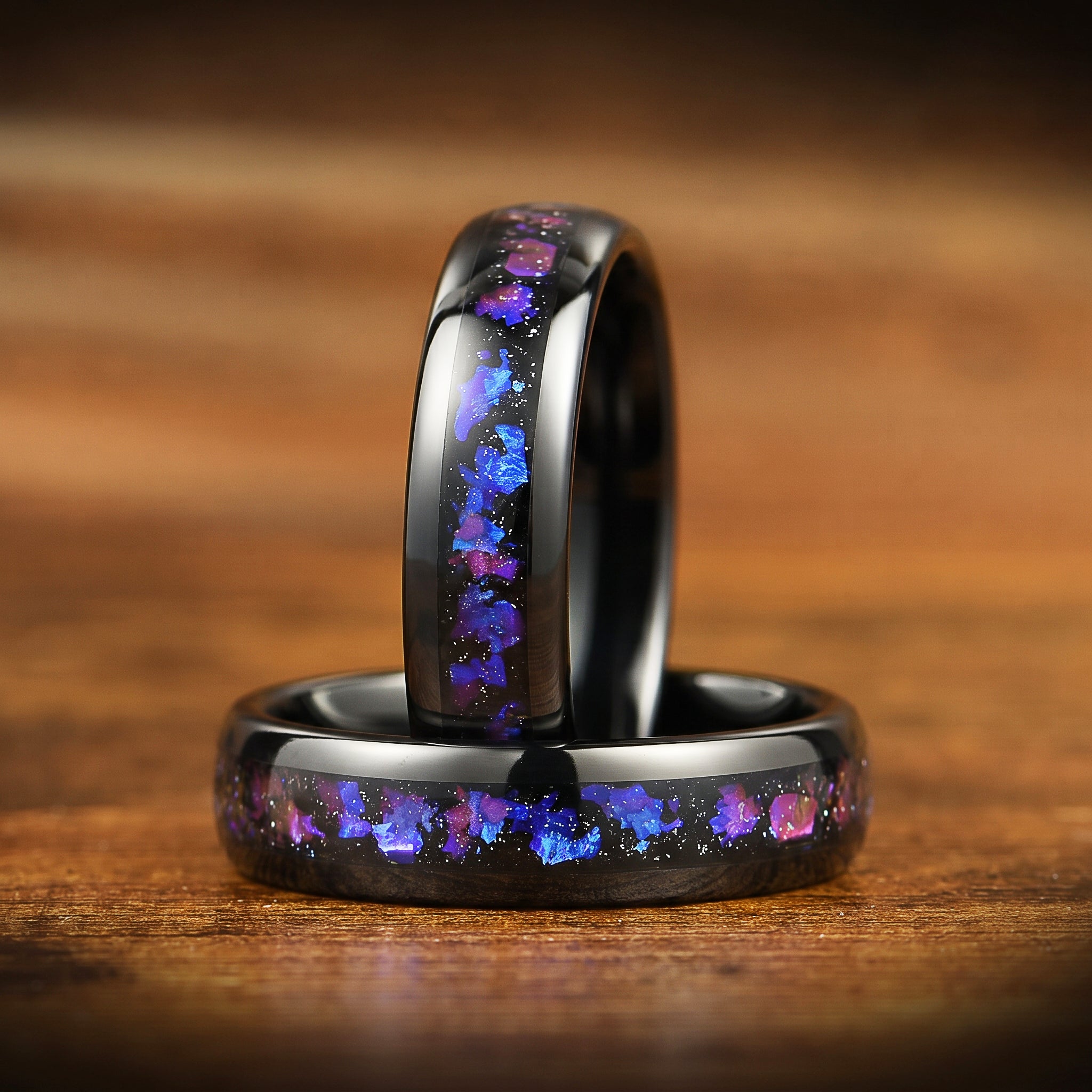 Couple Rings Matching Promise Set in Black Nebula Design Close Up View