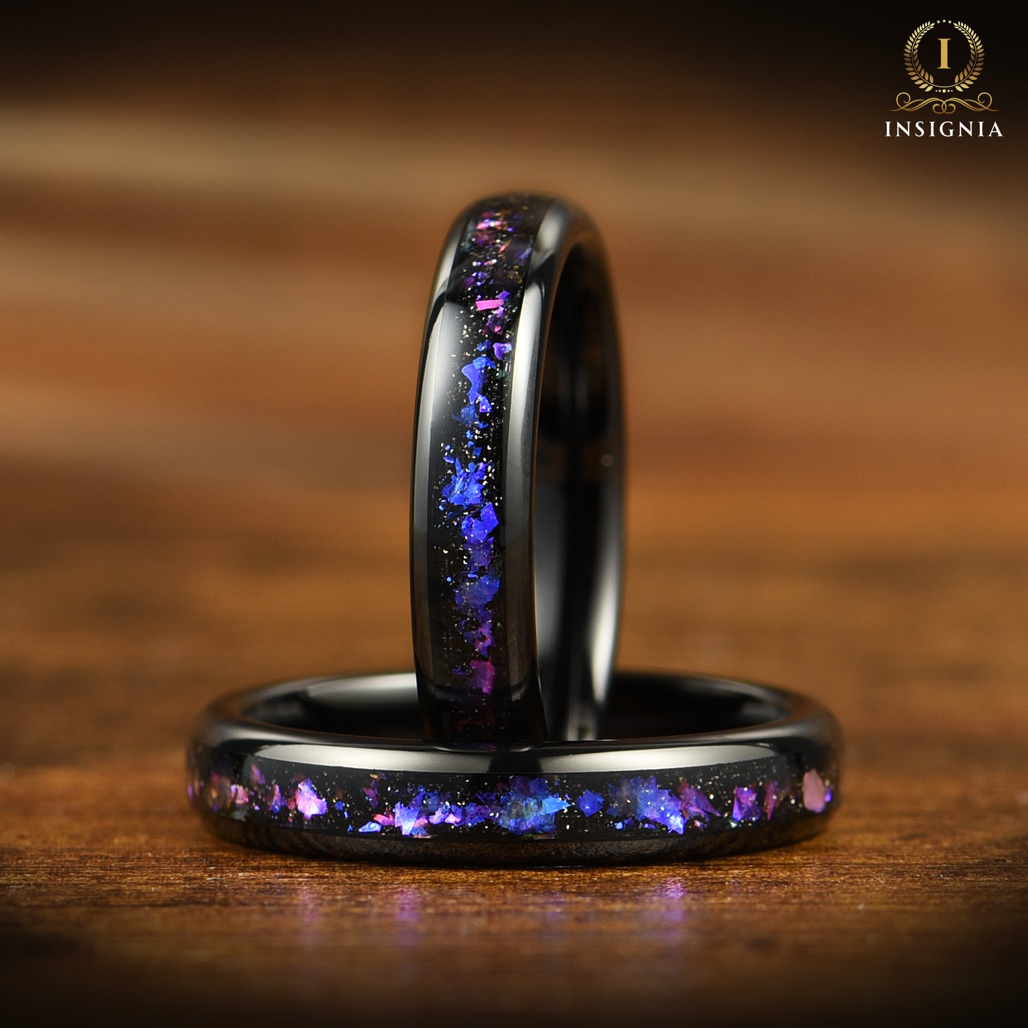 Couple Rings Matching Promise Set in Black Nebula Design Left View