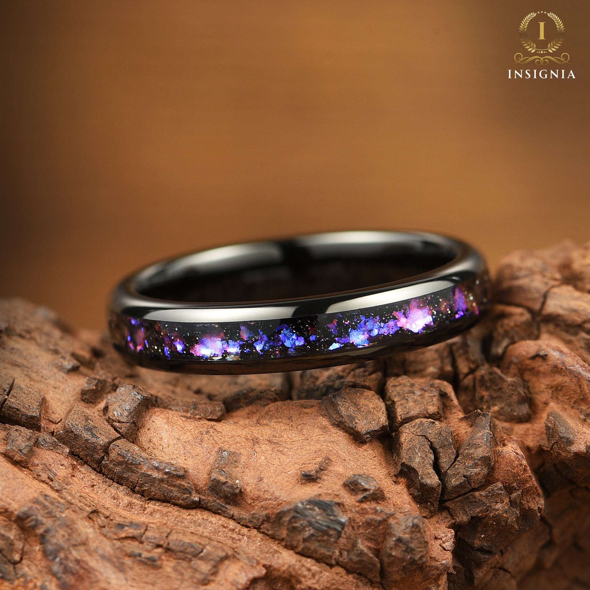 Couple Rings Matching Promise Set in Black Nebula Design Texture Detail