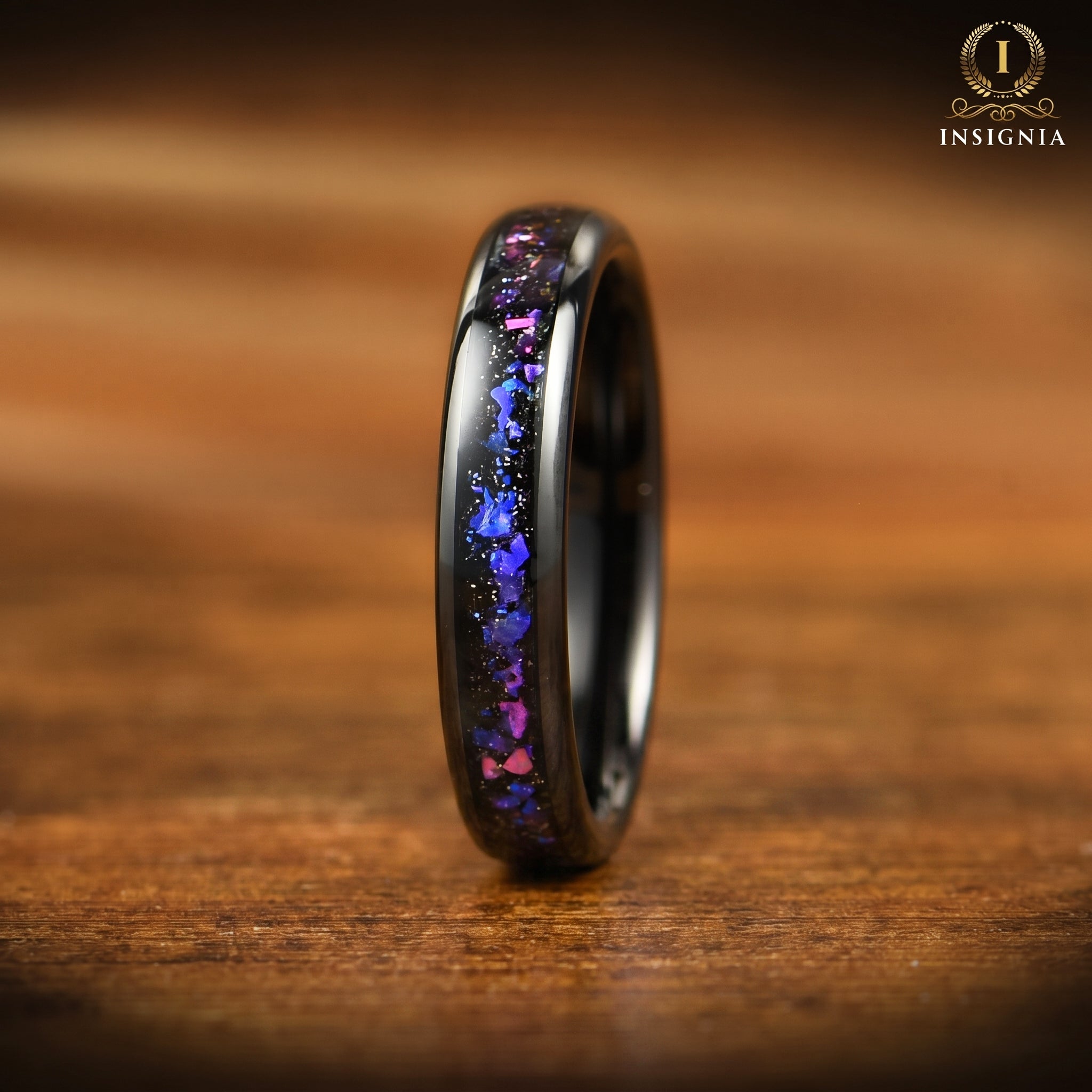 Couple Rings Matching Promise Set in Black Nebula Design Texture Detail