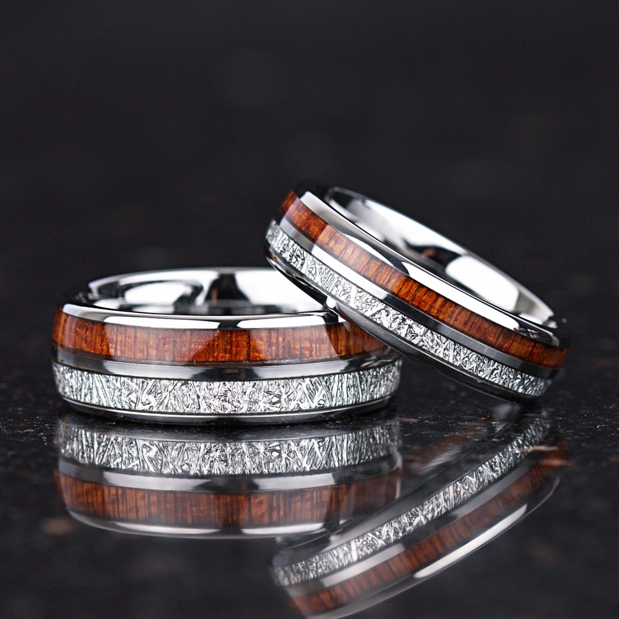 Couple rings promise set in silver tungsten with wood and meteorite style inlay
