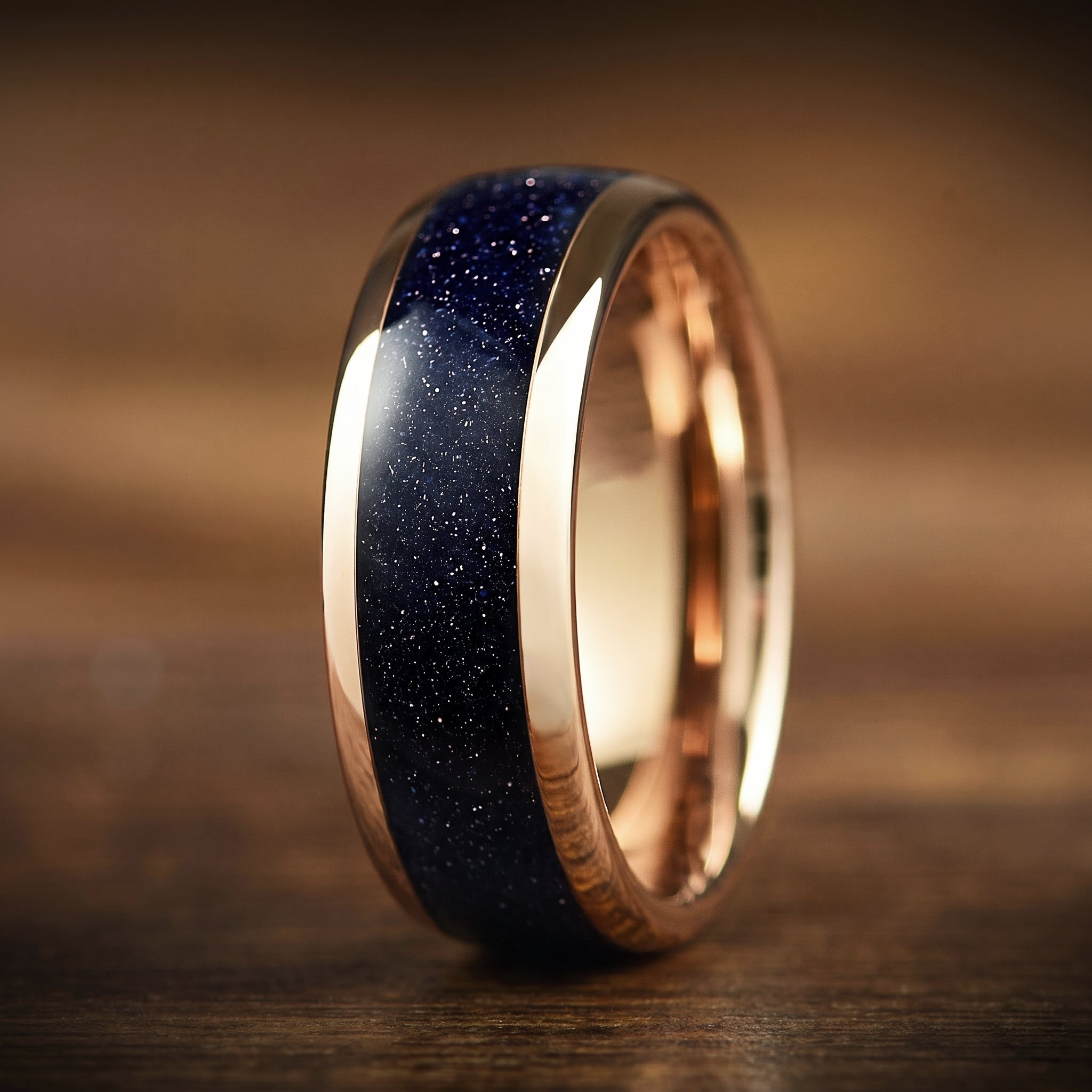 Couple Rings Rose Gold Tungsten Wedding Galaxy Design Ring Set Angled View