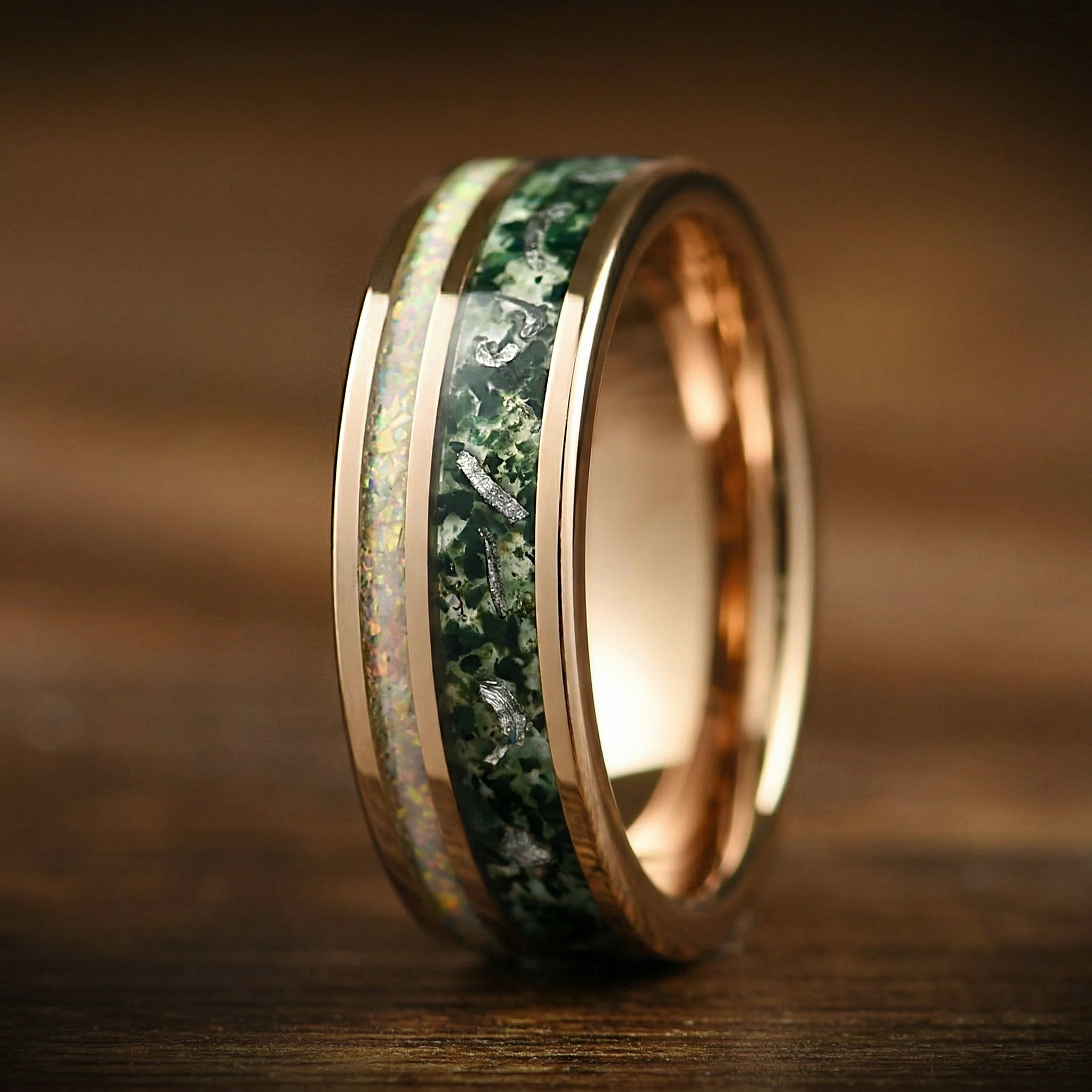 Couple Rings Rose Gold Wedding Set with Moss Agate Angled View