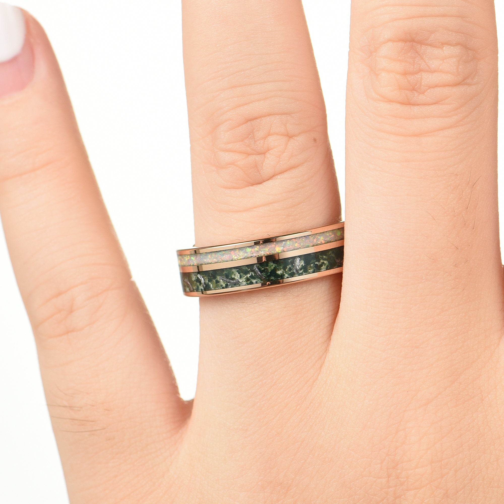 Couple Rings Rose Gold Wedding Set with Moss Agate Female Hand View