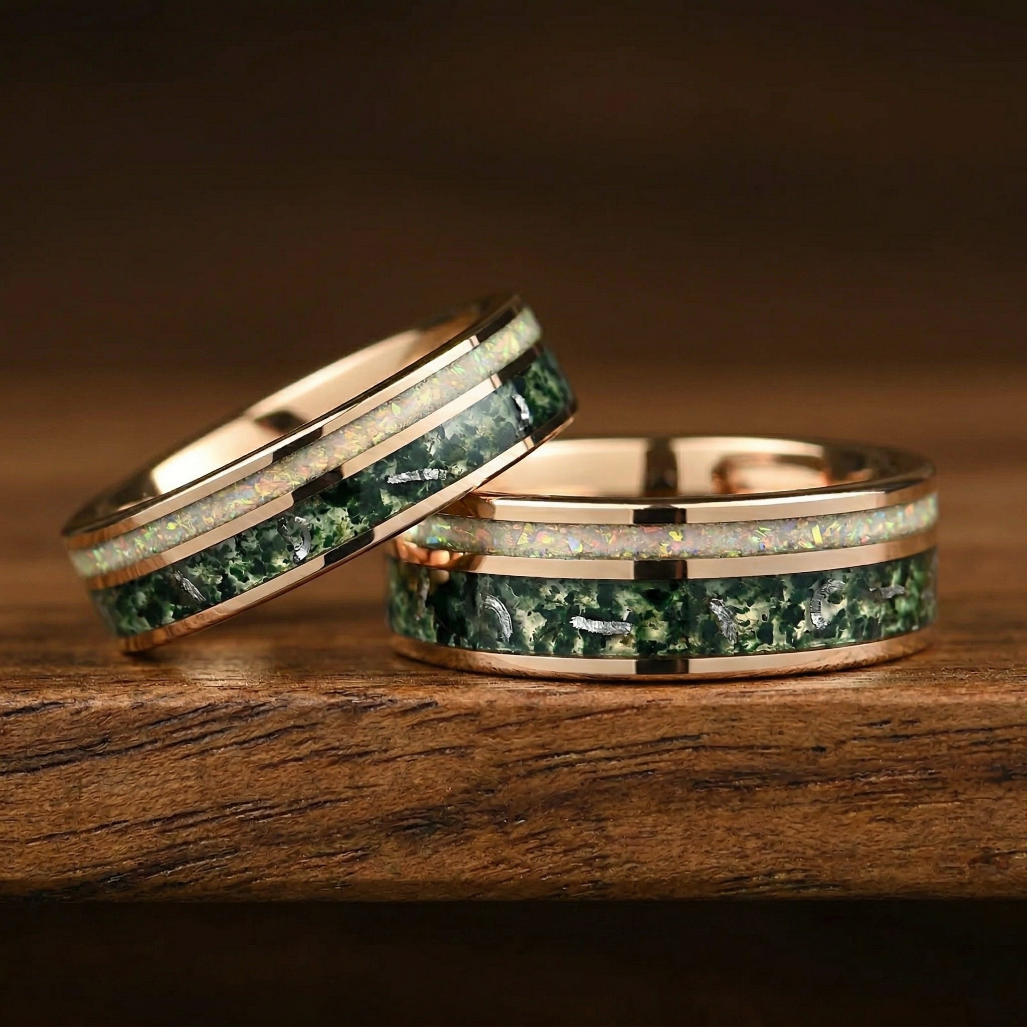 Couple Rings Rose Gold Wedding Set with Moss Agate Set Display