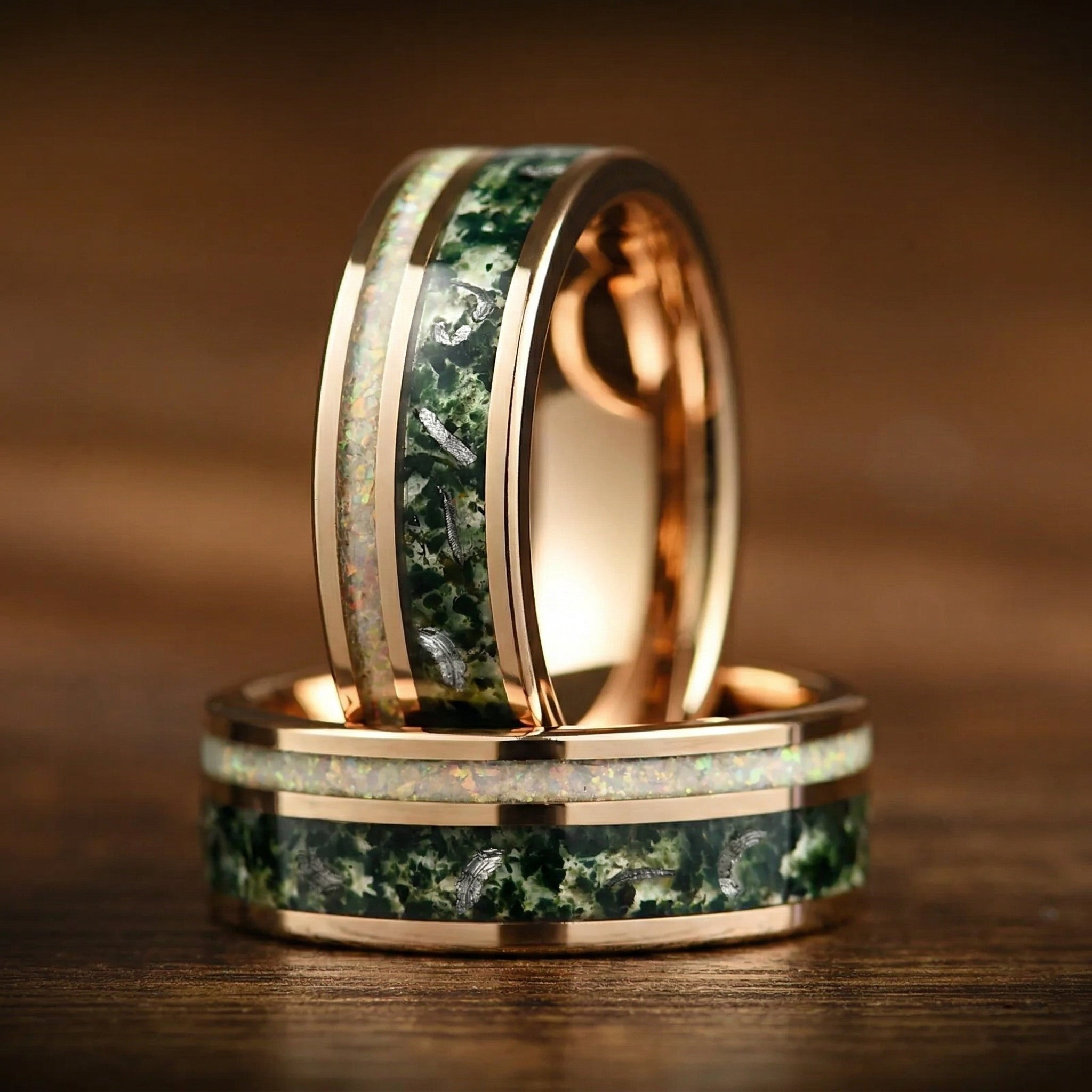 Couple Rings Rose Gold Wedding Set with Moss Agate Side View