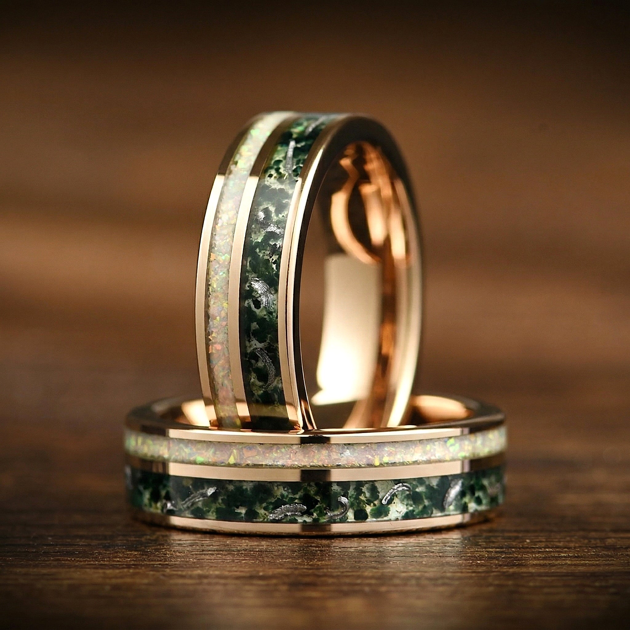 Couple Rings Rose Gold Wedding Set with Moss Agate Texture Detail