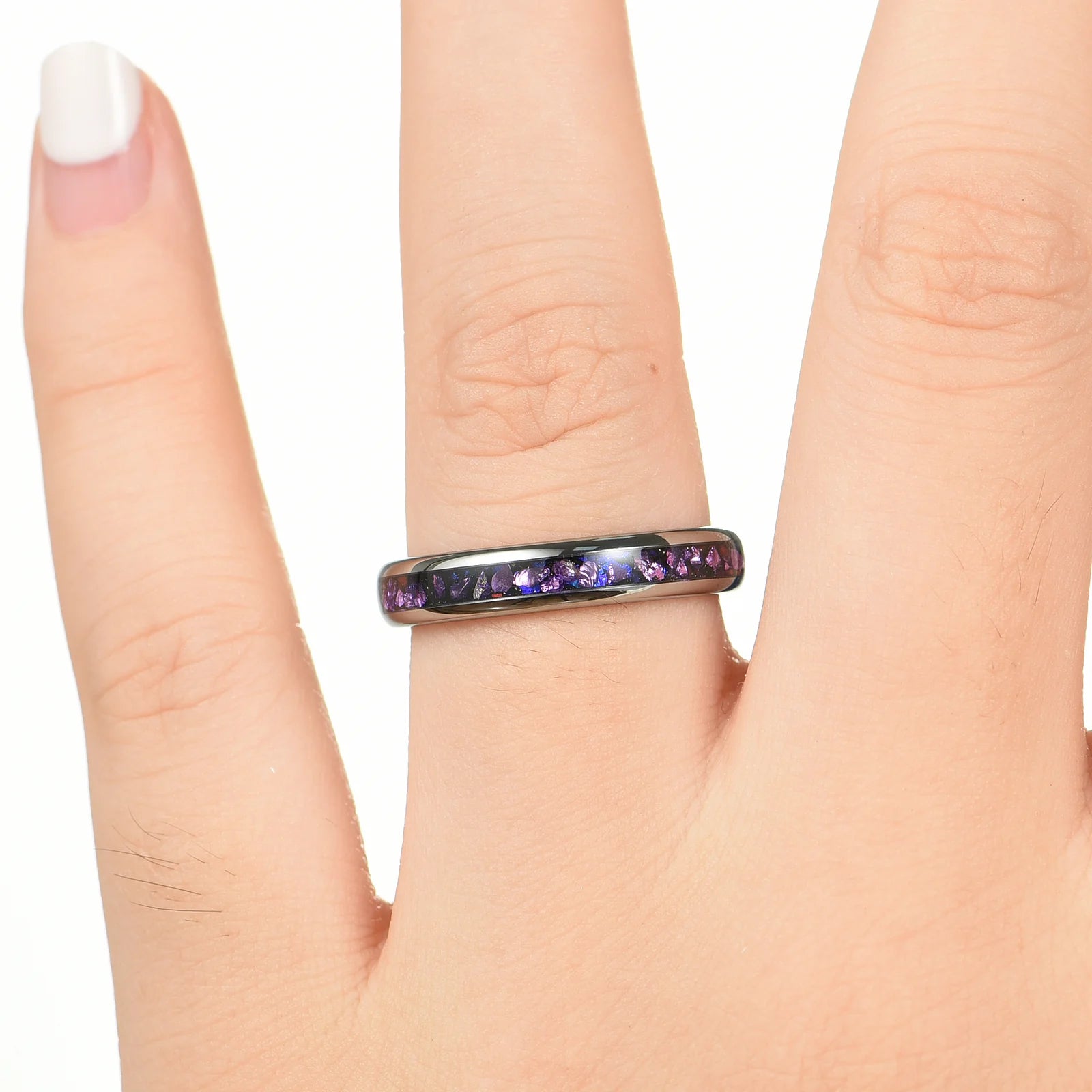 Couple Rings Silver Promise Set in Pulsar Nebula Design Female Hand