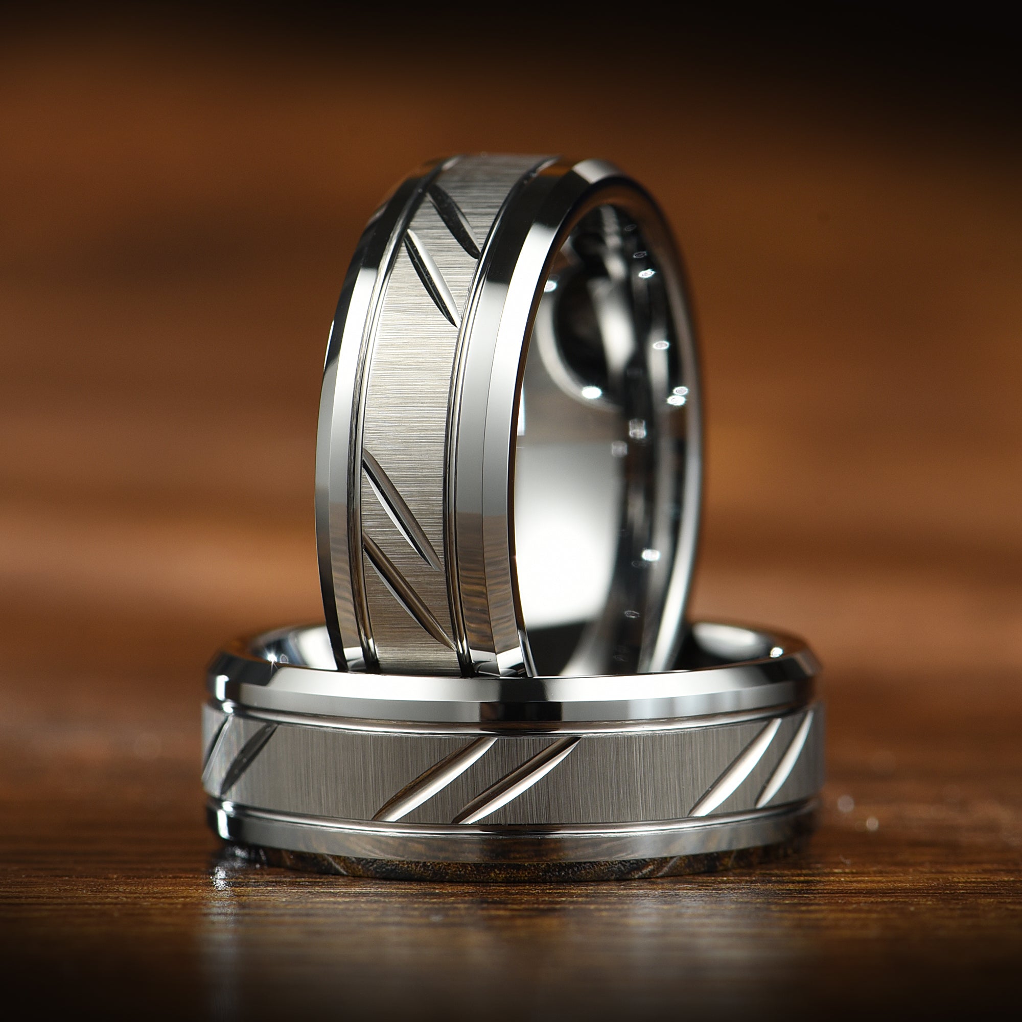 Couple Rings Silver Wedding Set in Tungsten Carbide Close-Up View