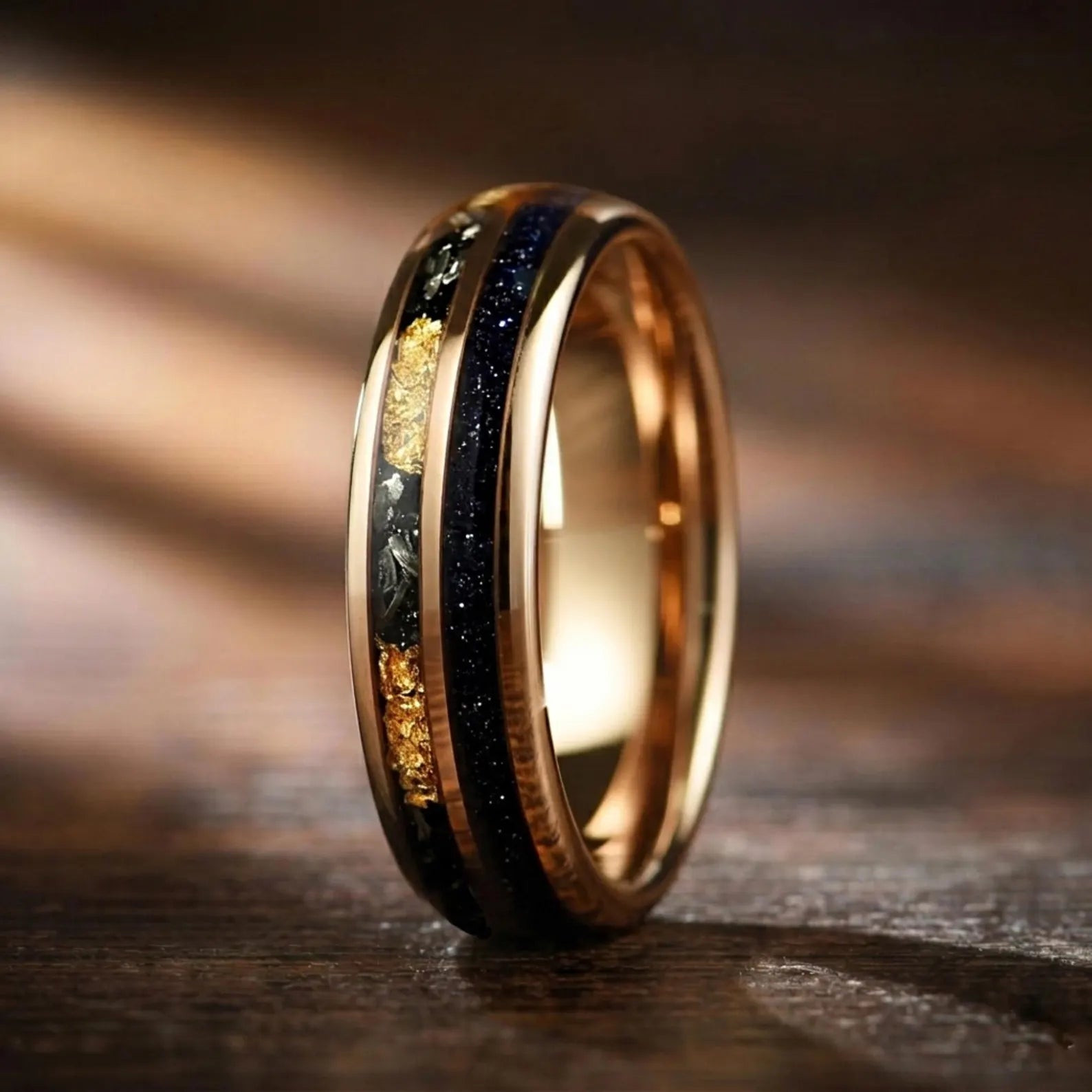 Couple Rings Wedding Set in Rose Gold Galaxy Design Angled View