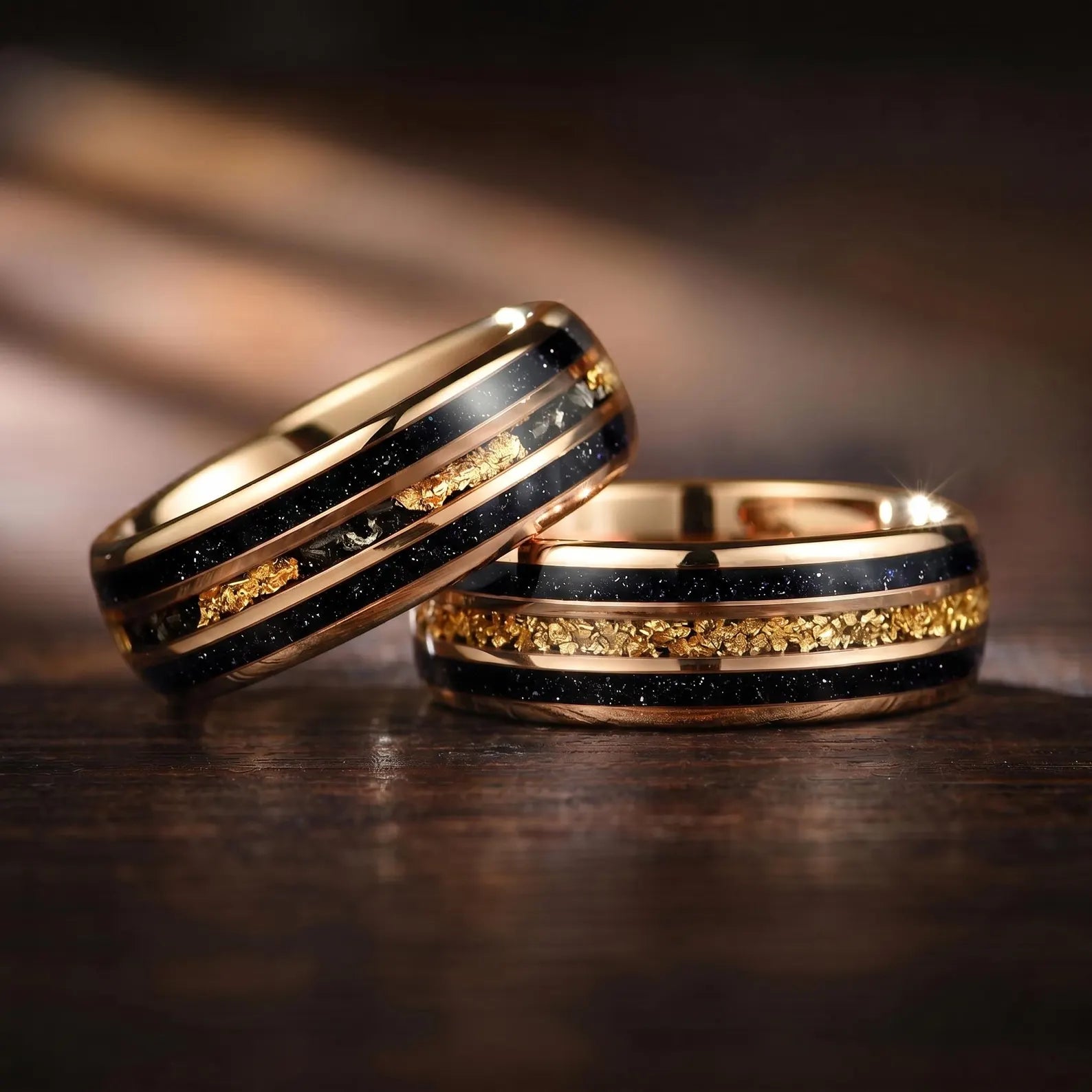 Couple Rings Wedding Set in Rose Gold Galaxy Design Close Up View