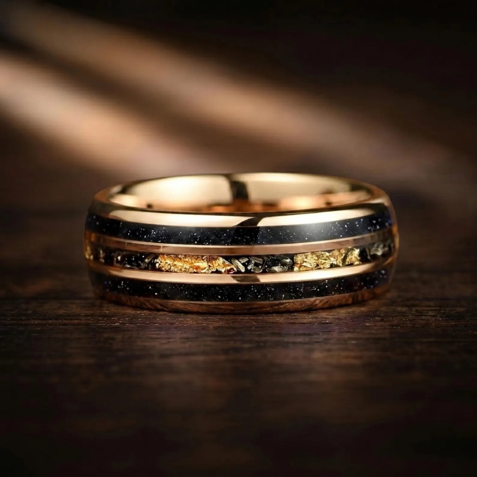 Couple Rings Wedding Set in Rose Gold Galaxy Design Flat View