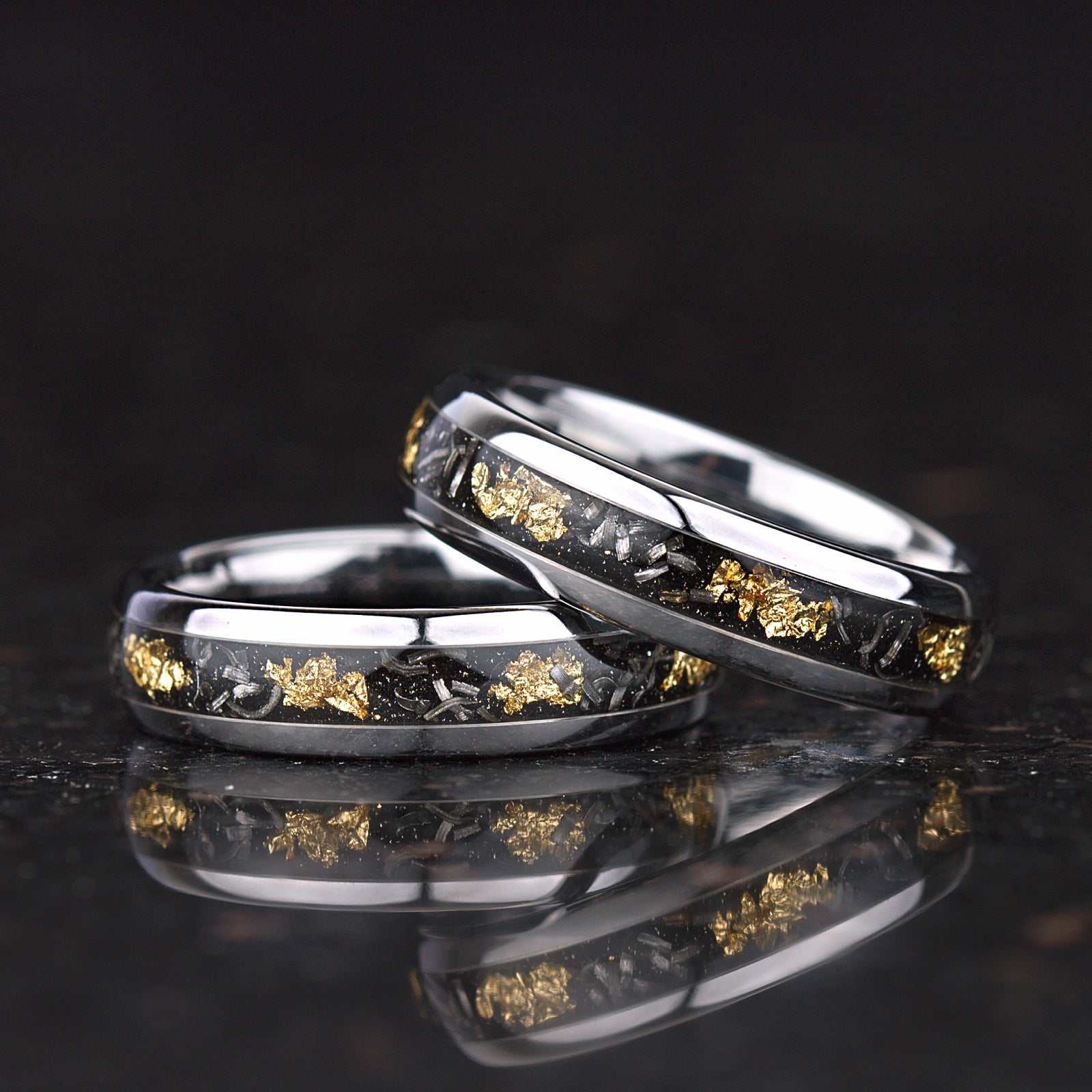 Couple silver wedding rings with tungsten band and meteorite detail