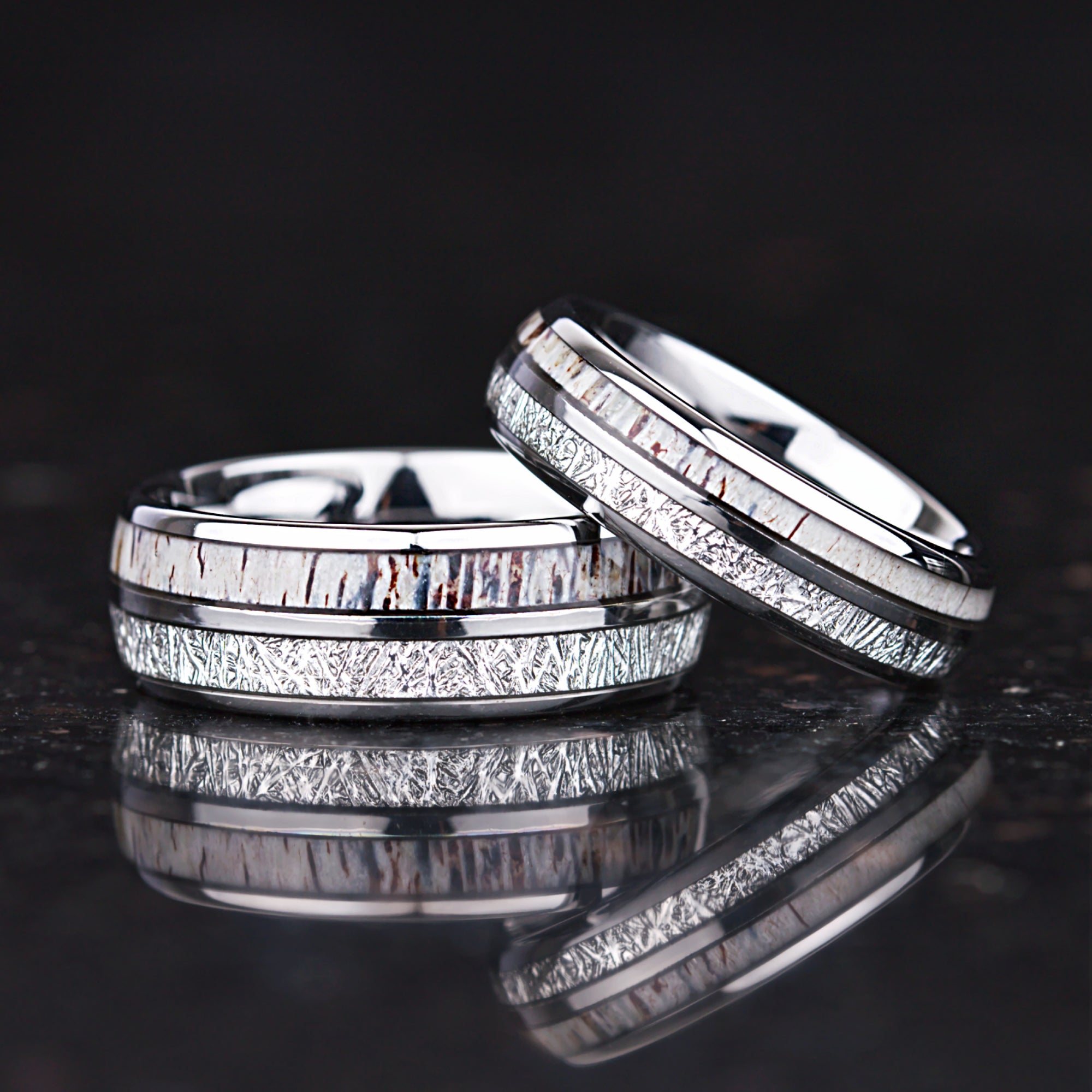 Couplering tungsten set with deer antler and meteorite silver finish