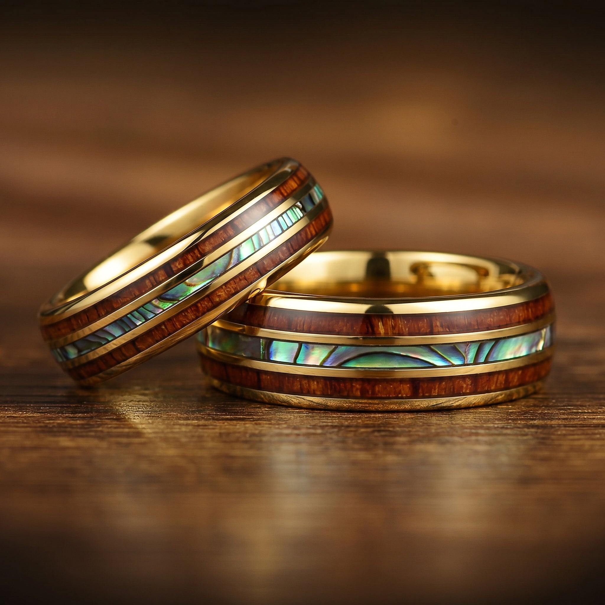 Custom made men's ring featuring koa wood and abalone shell inlay