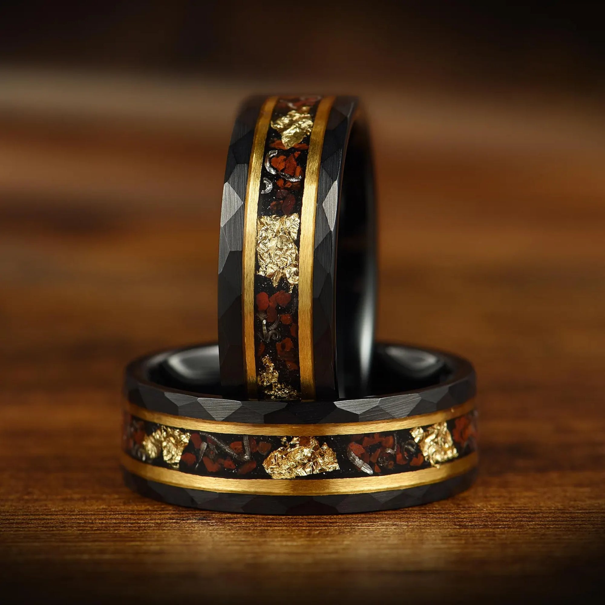Dinosaur wedding bands with meteorite and black alternative design