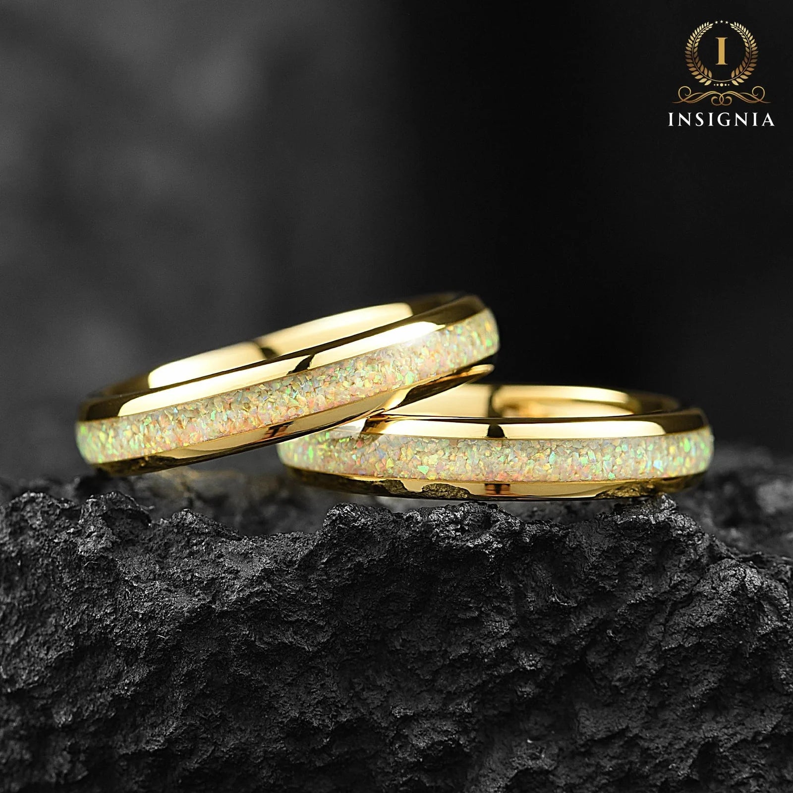 Discounted wedding bands with opal and tungsten design close view