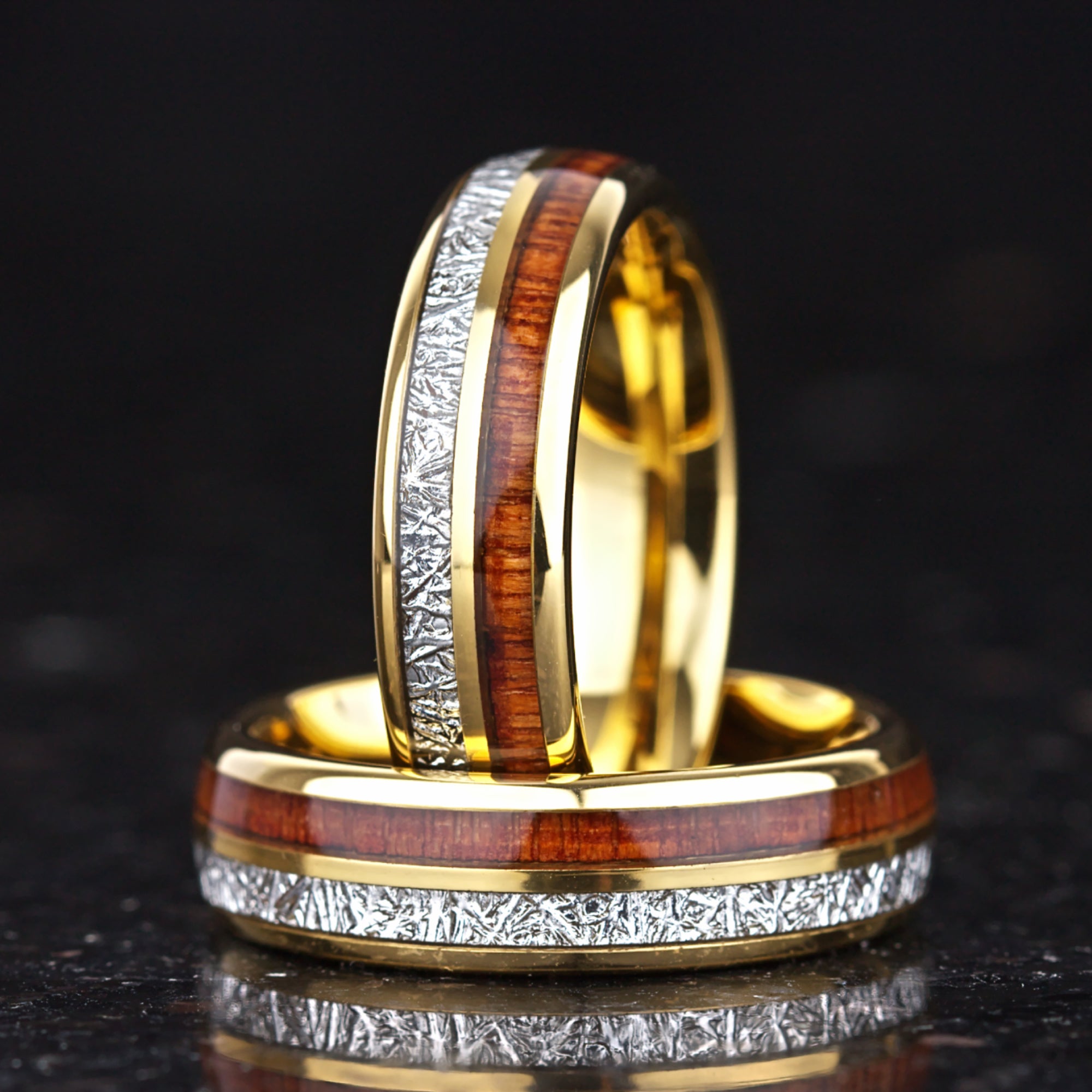 Engraved gold wedding band sets with wood inlay detail