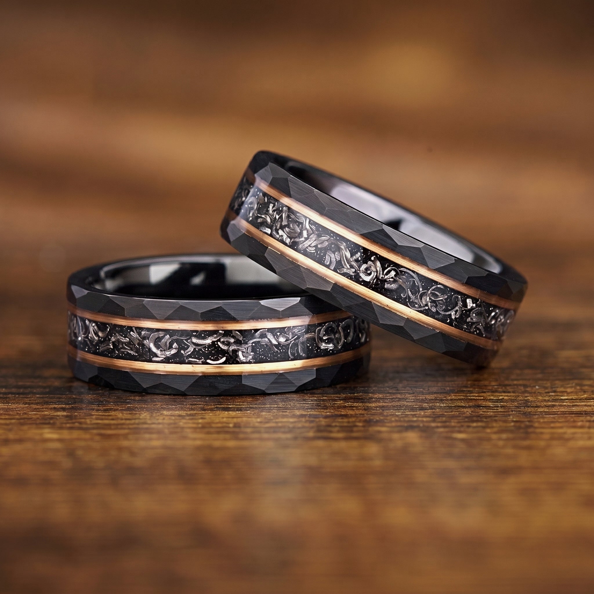 Engraved men's ring black band with meteorite detail