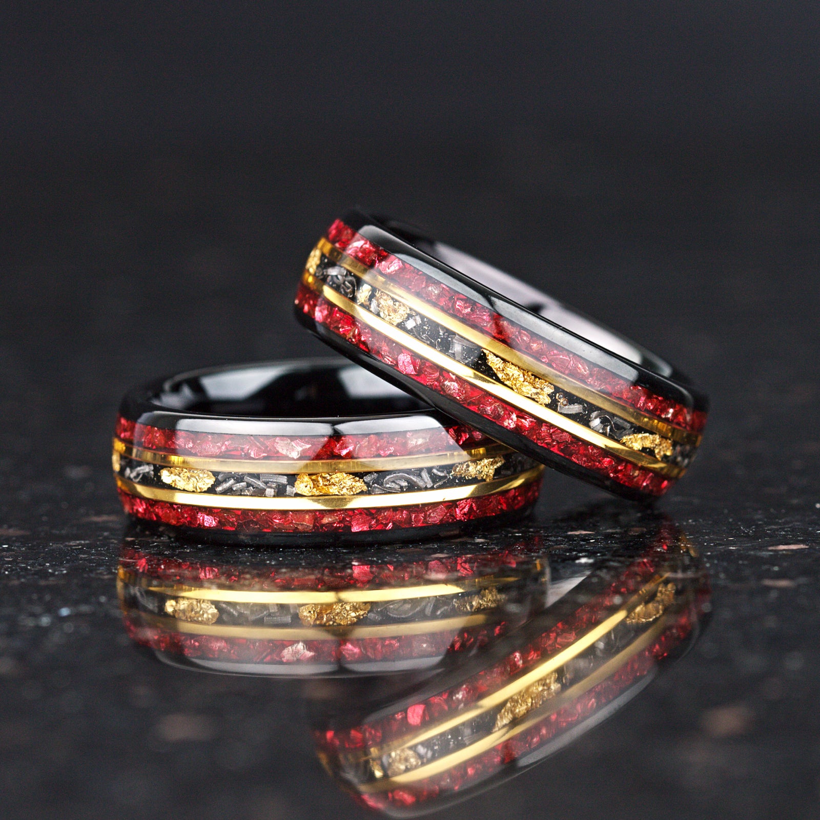 Engraved mens ring with garnet and meteorite inlay design