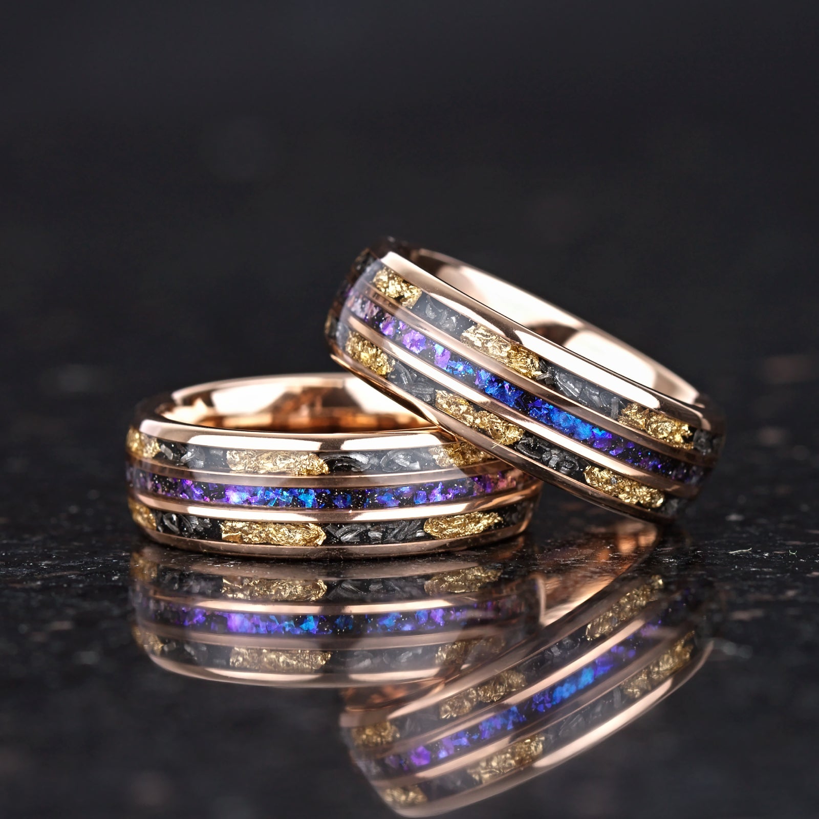 Engraved rings mens style with meteorite and coloured nebula inlay