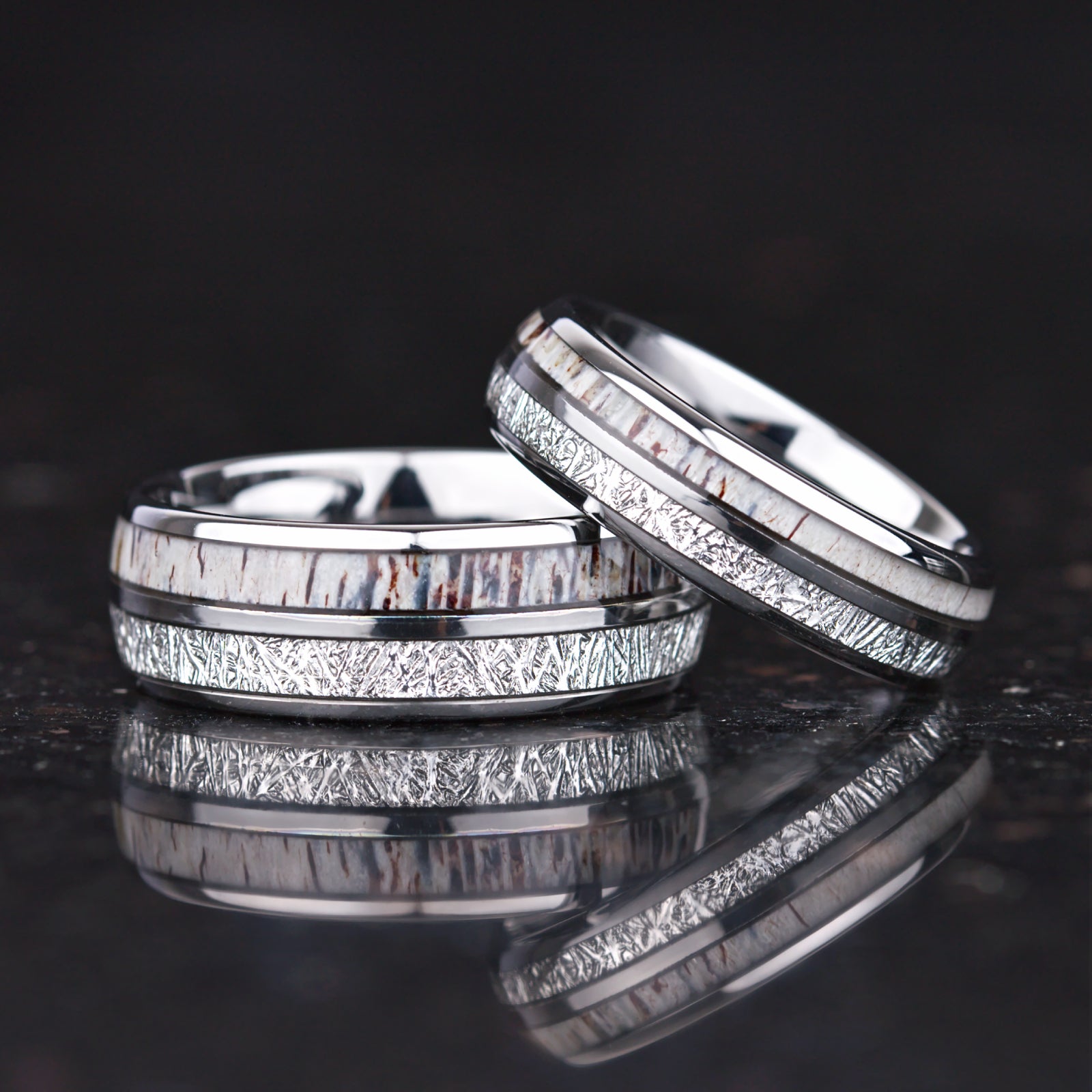 Engraved silver mens ring with meteorite and antler design