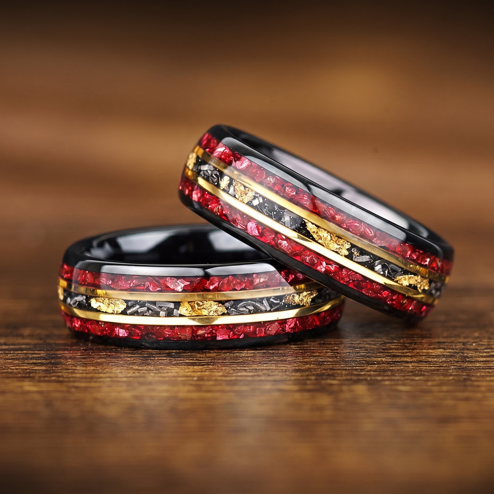 Fashionable rings for guys black tungsten band with garnet detail