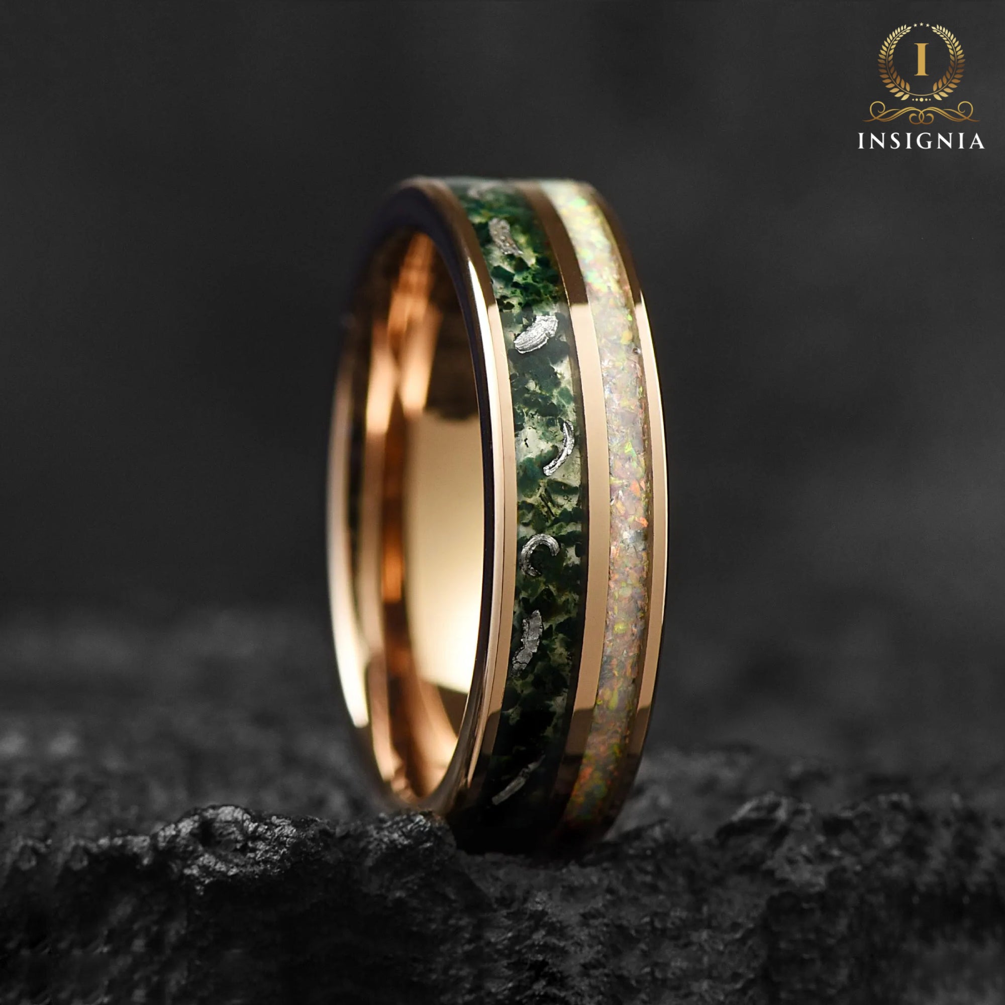Female Wedding Bands Moss Agate Angle View