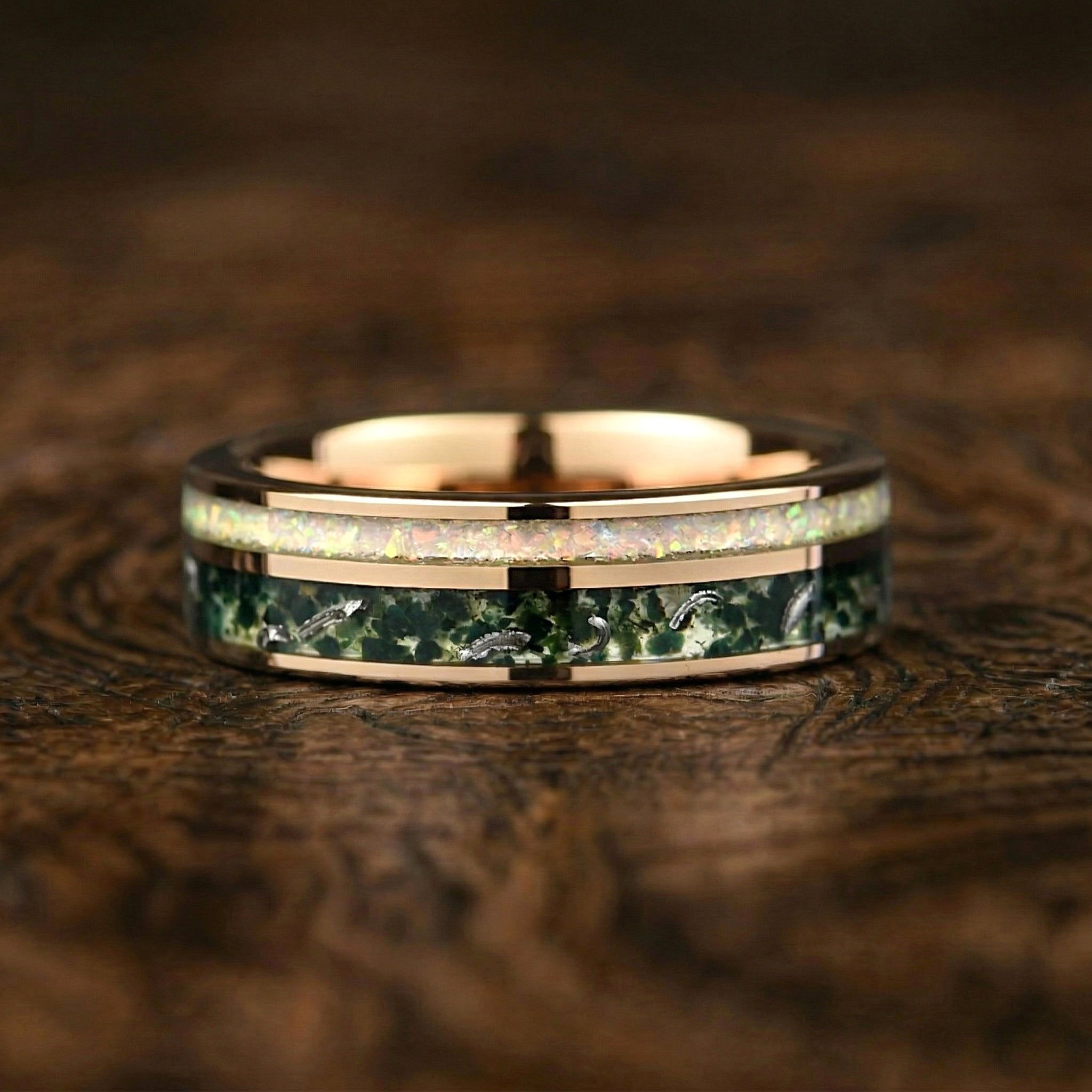 Female Wedding Bands Moss Agate Close Up View