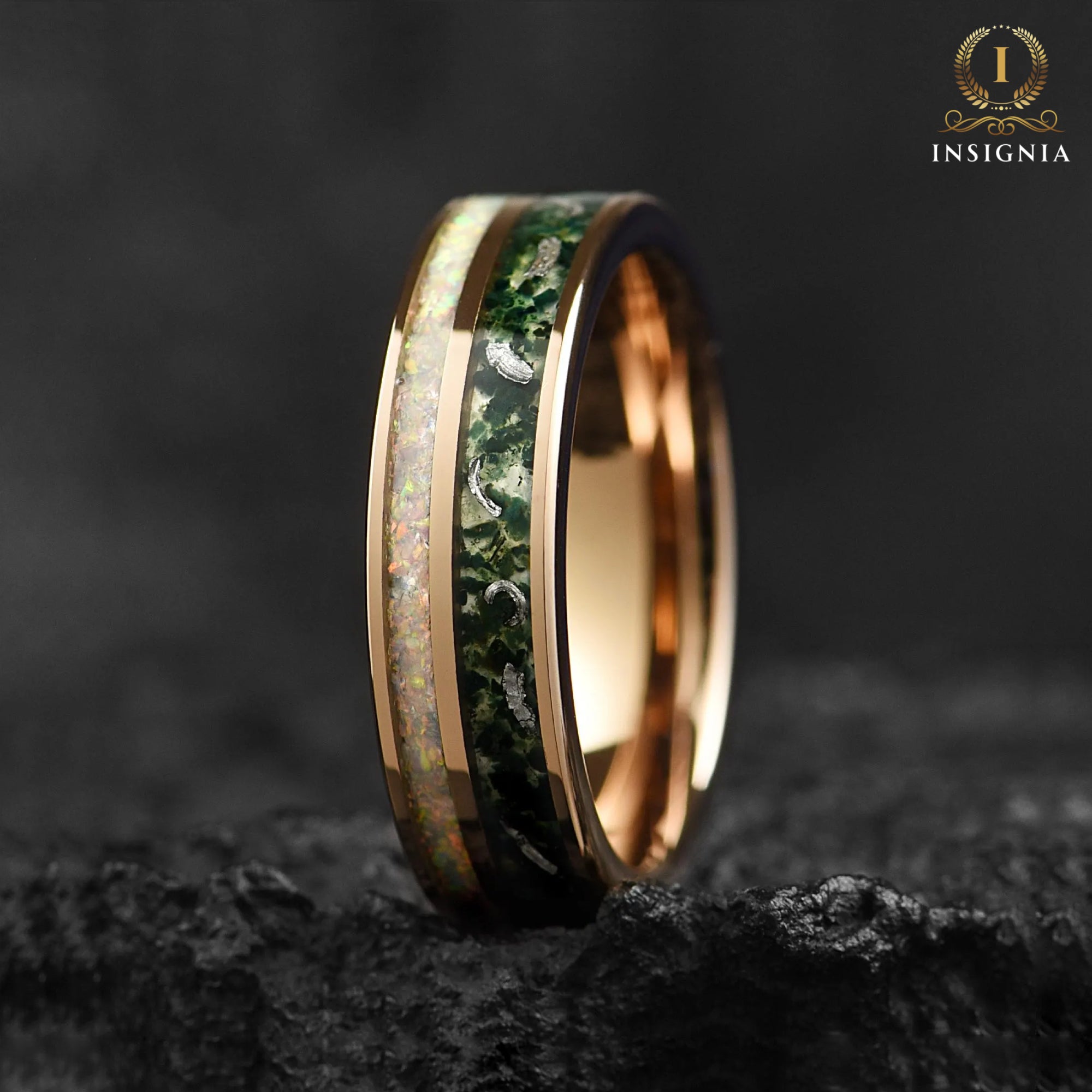 Female Wedding Bands Moss Agate Profile View