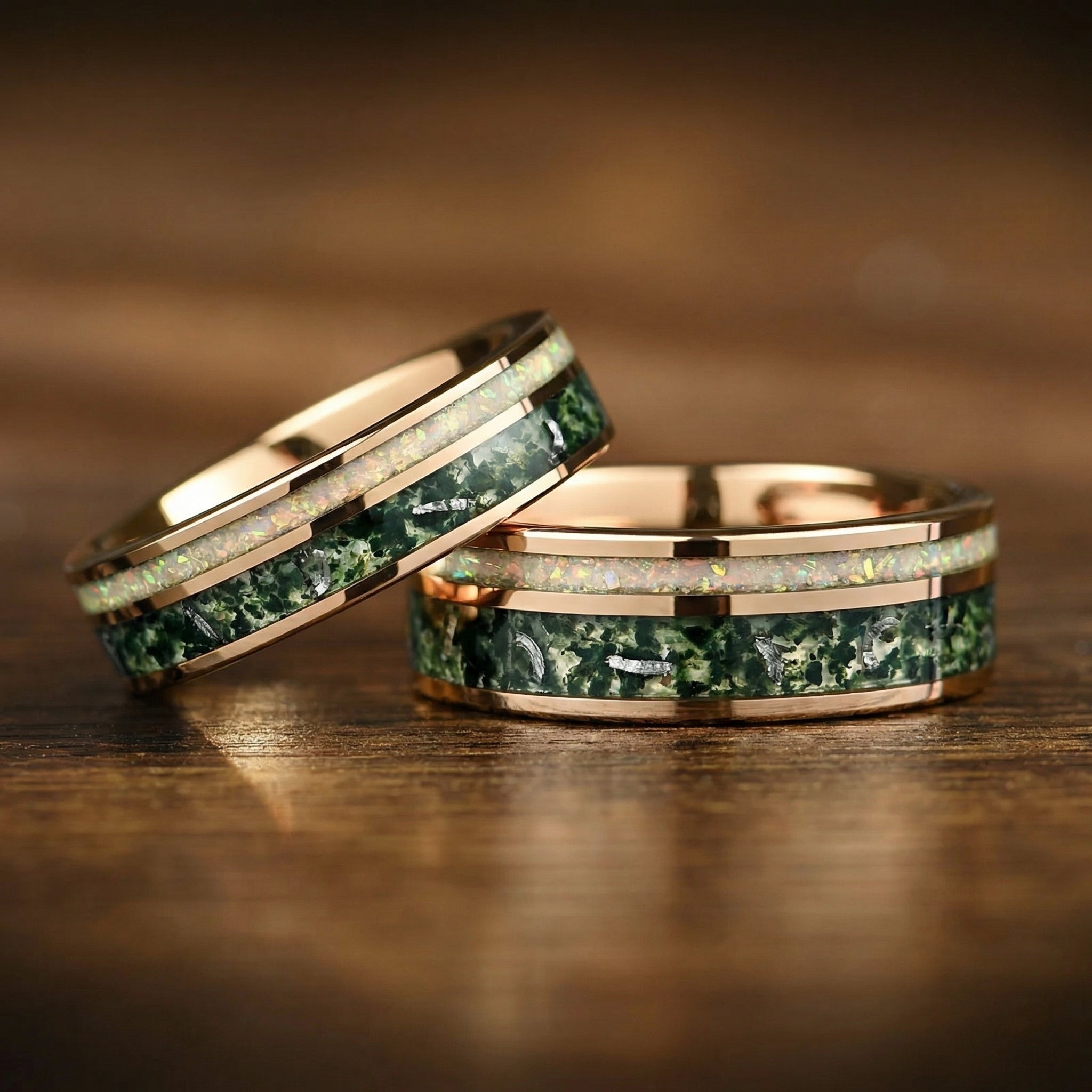 Female Wedding Bands Moss Agate Set Display