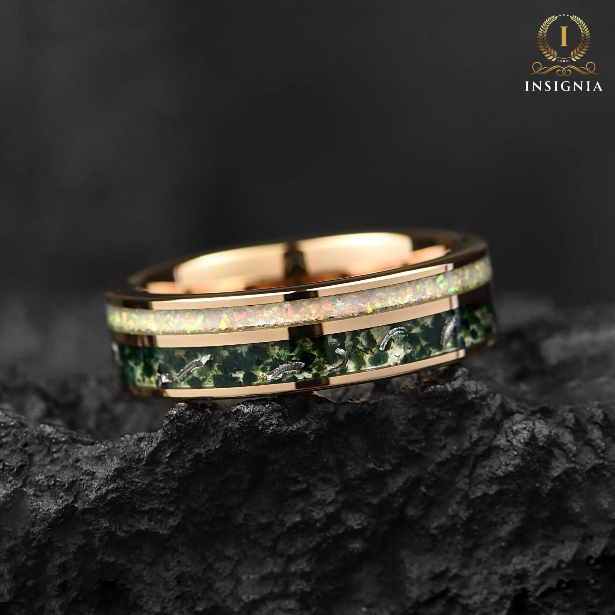 Female Wedding Bands Moss Agate Top View