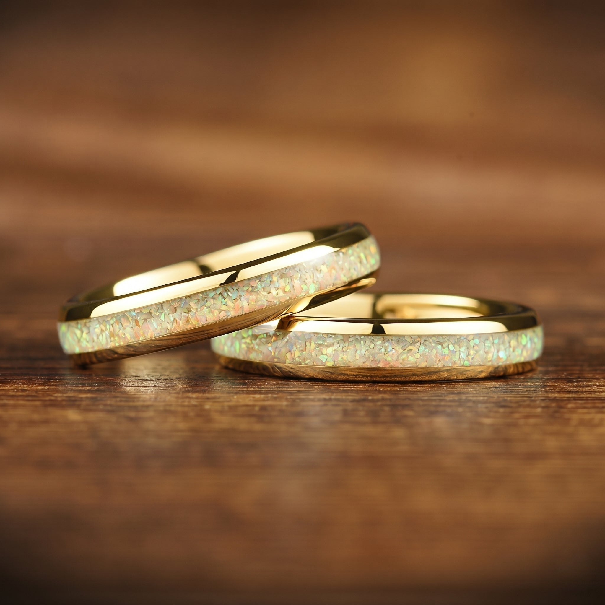 Female Wedding Rings Gold Opal Flat Lay View