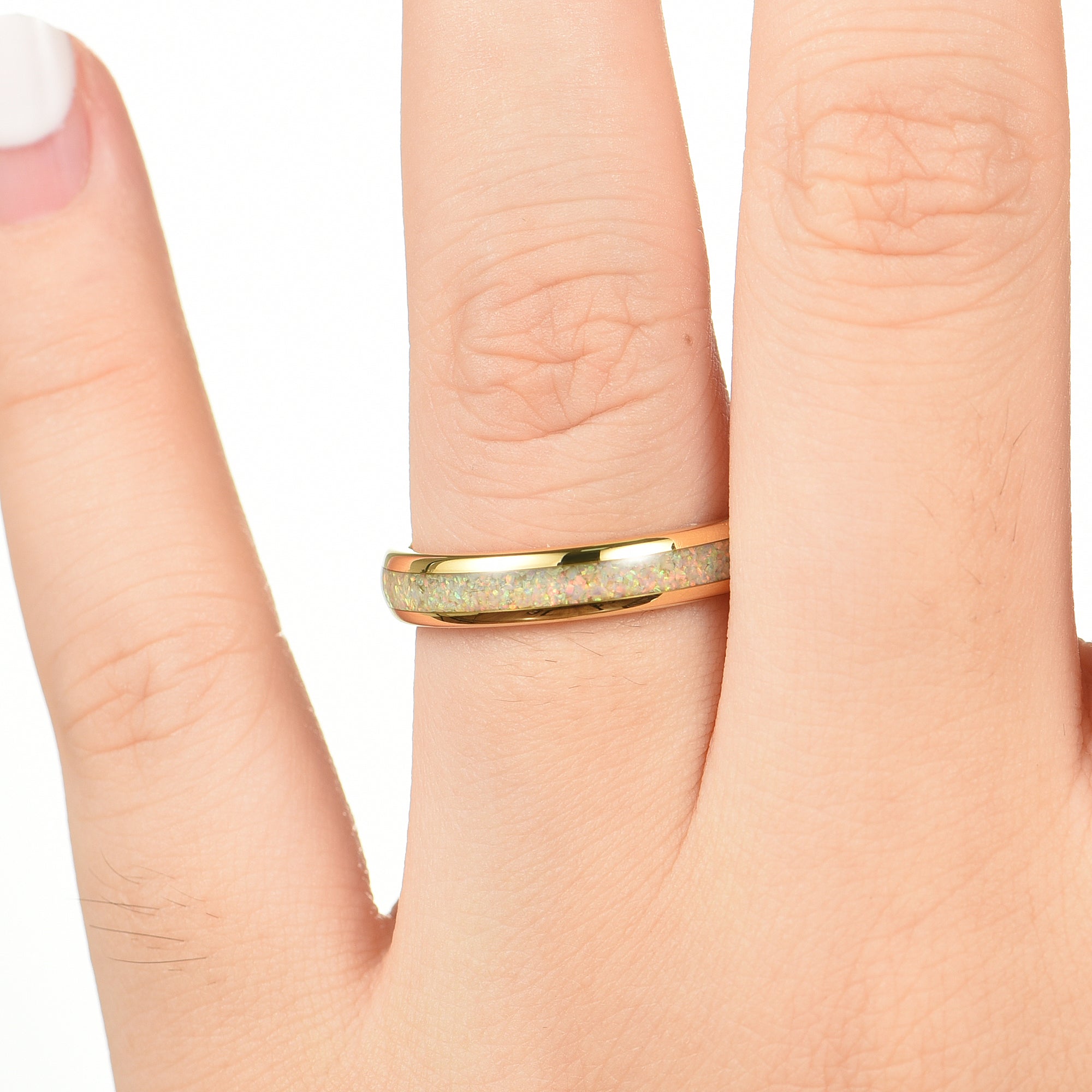 Female Wedding Rings Gold Opal Hand View